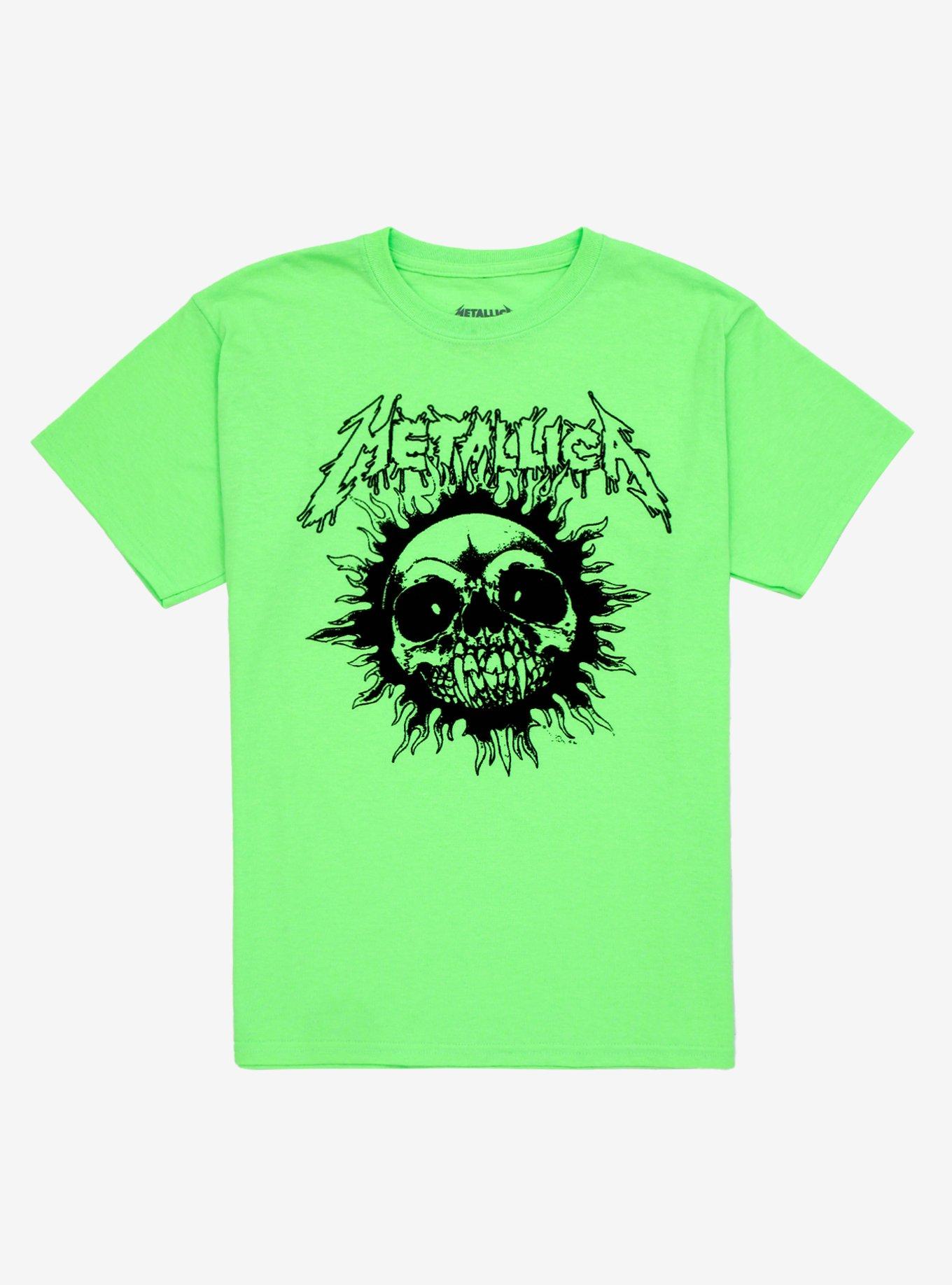 Metallica Neon Skull Sun Boyfriend Fit Girls T-Shirt, NEON GREEN, hi-res