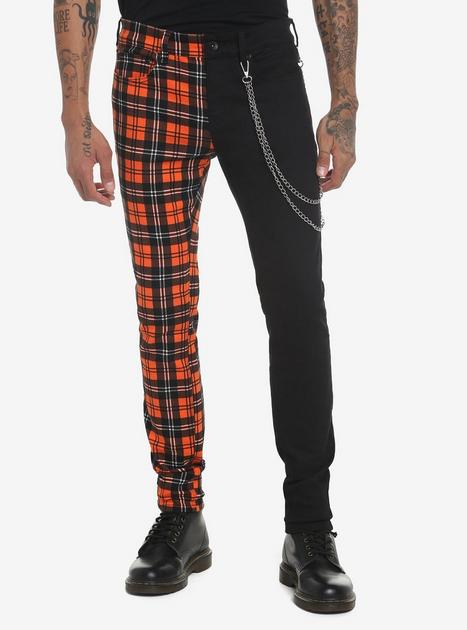 Orange Plaid Split Leg Chain Stinger Jeans