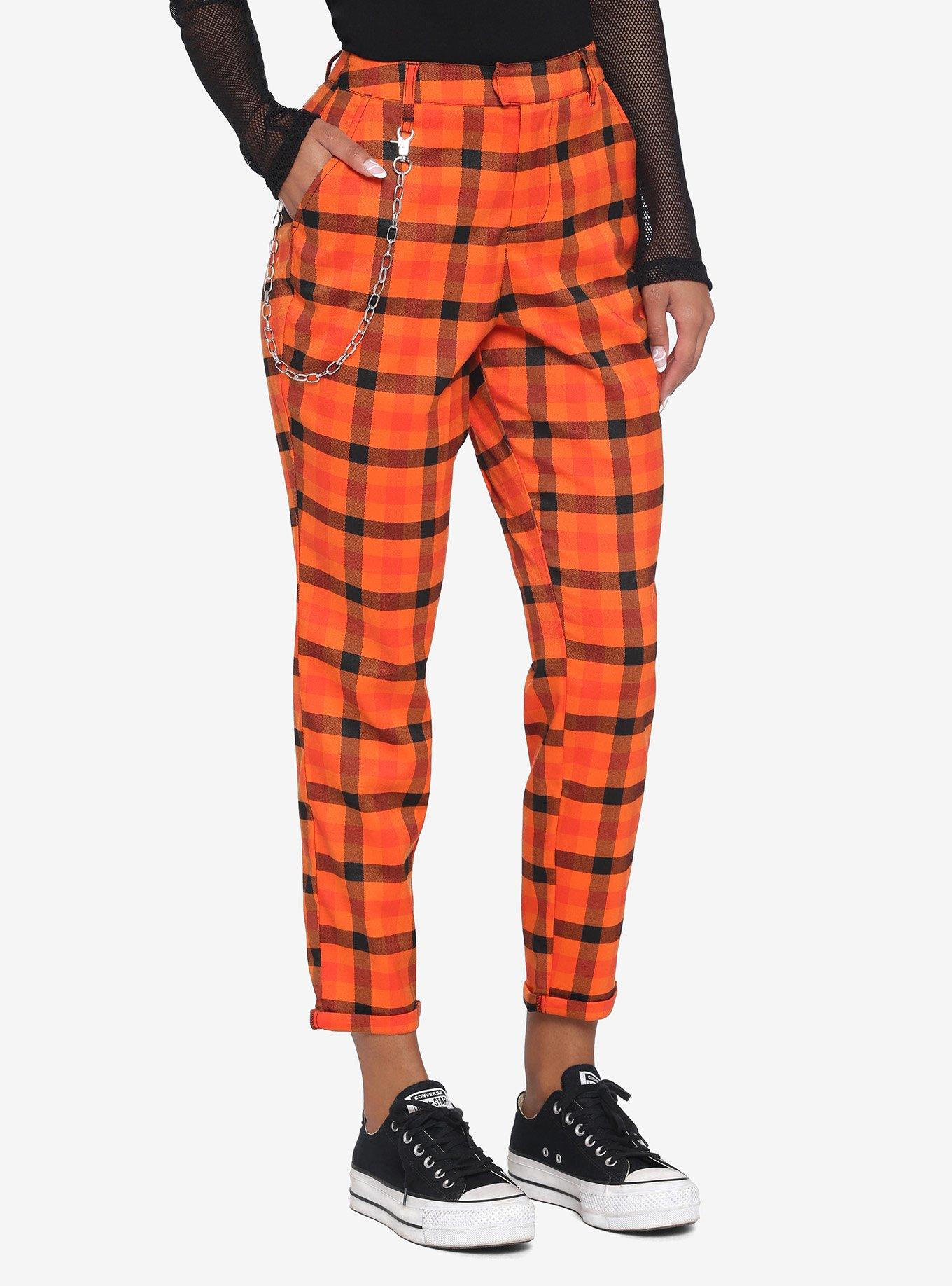 Orange Plaid Side Chain Pants