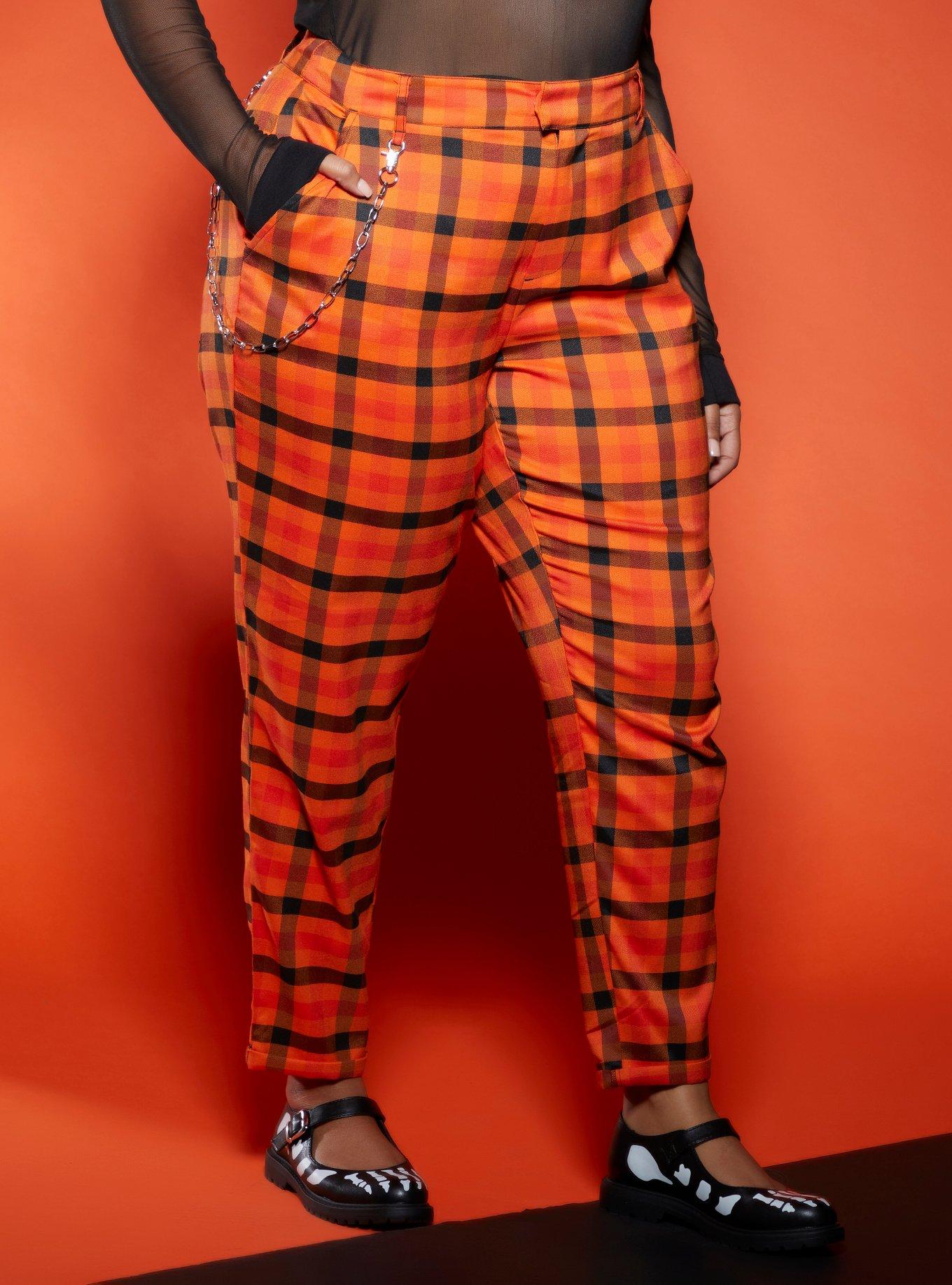 Orange Plaid Pants Plus Size, ORANGE, hi-res