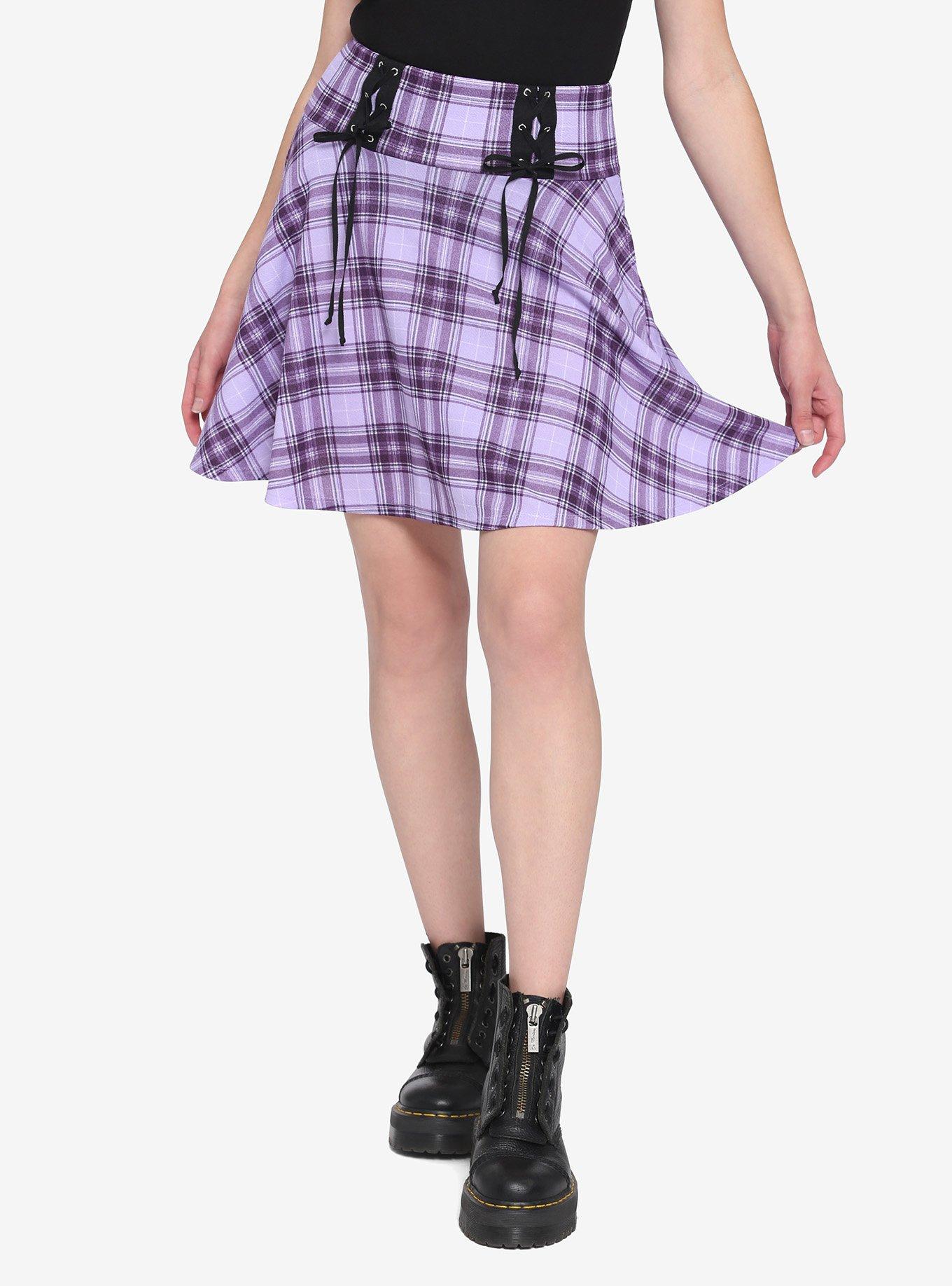 Purple Plaid Multi Lace-Up Yoke Skirt, PLAID - MULTI, hi-res