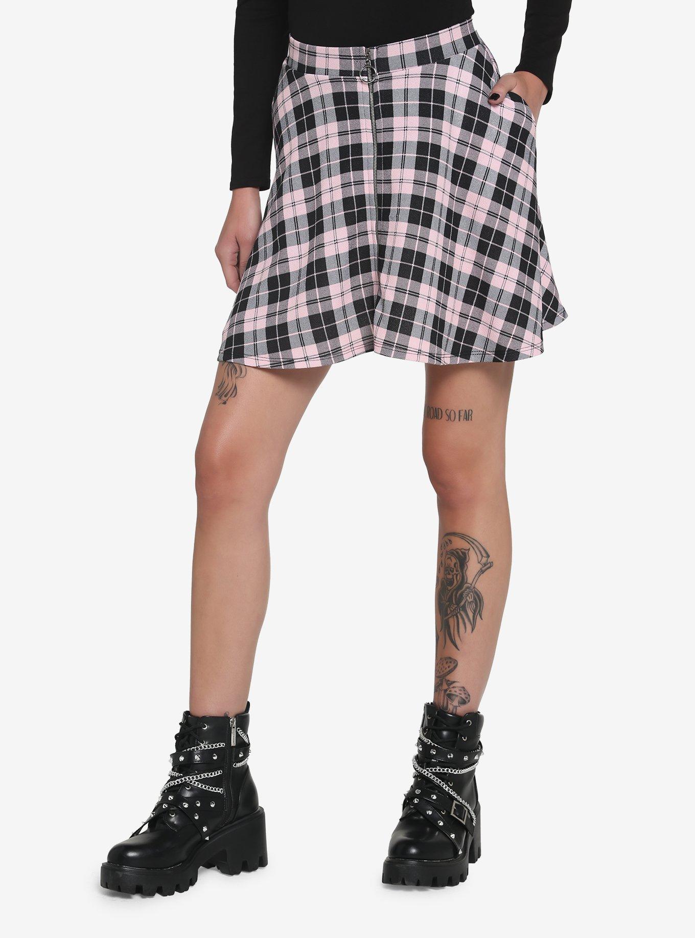 Plaid Black & Pink O-Ring Skater Skirt, PLAID - PINK, hi-res