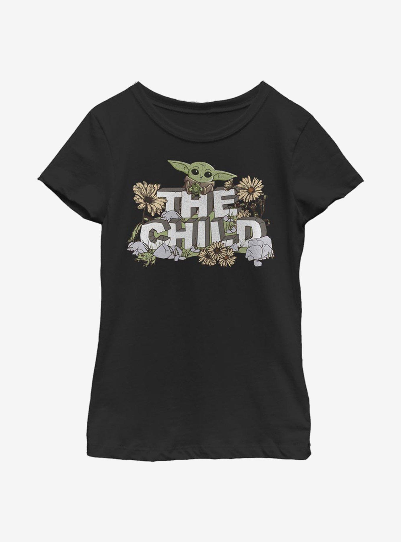 Star Wars The Mandalorian The Child Vintage Cute Flower Youth Girls T-Shirt, BLACK, hi-res