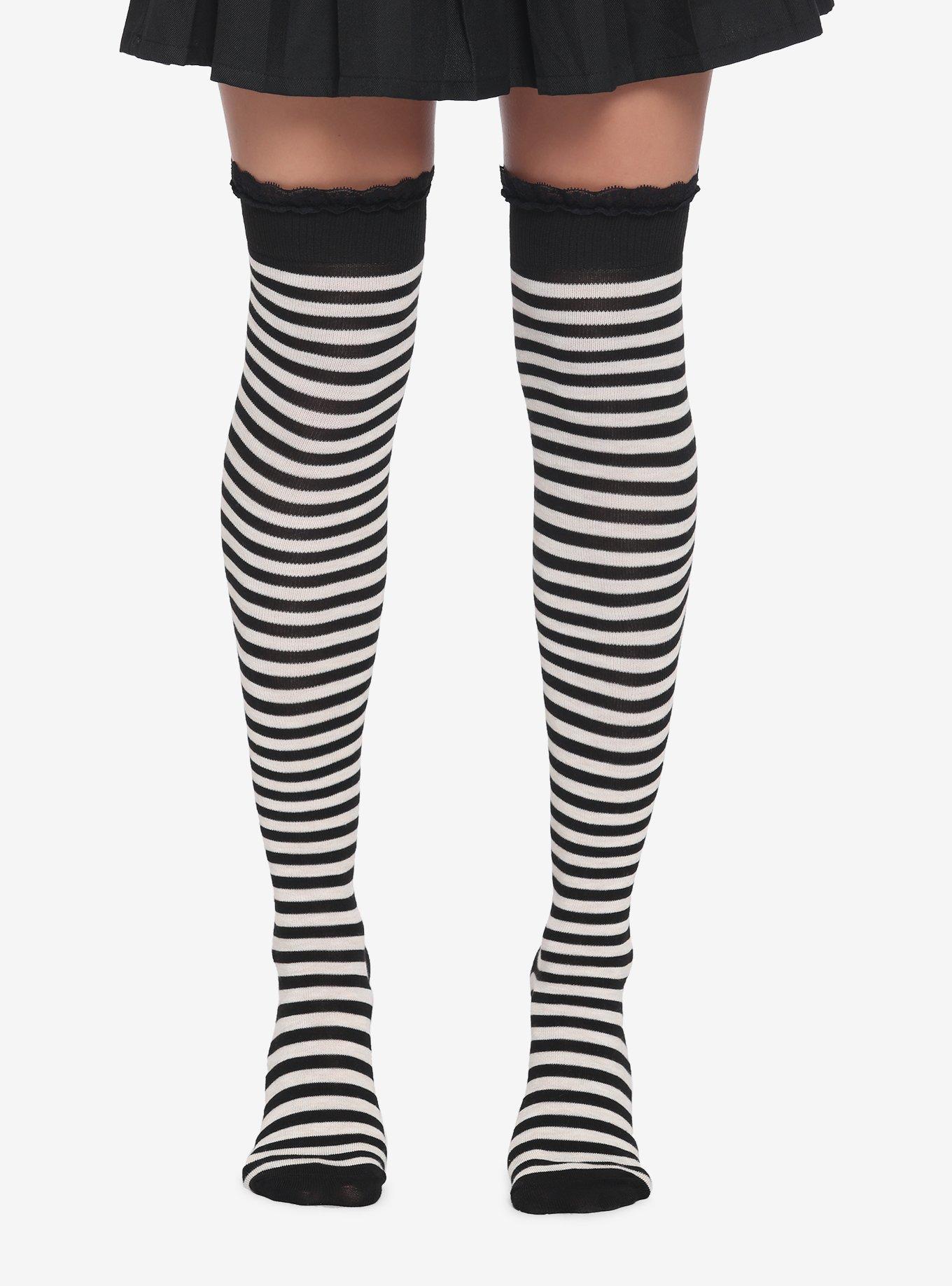 Leto Collection - Knee High Striped Pom Socks Black/White