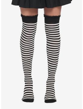 Black & White Stripe Lace Thigh-High Socks, , hi-res