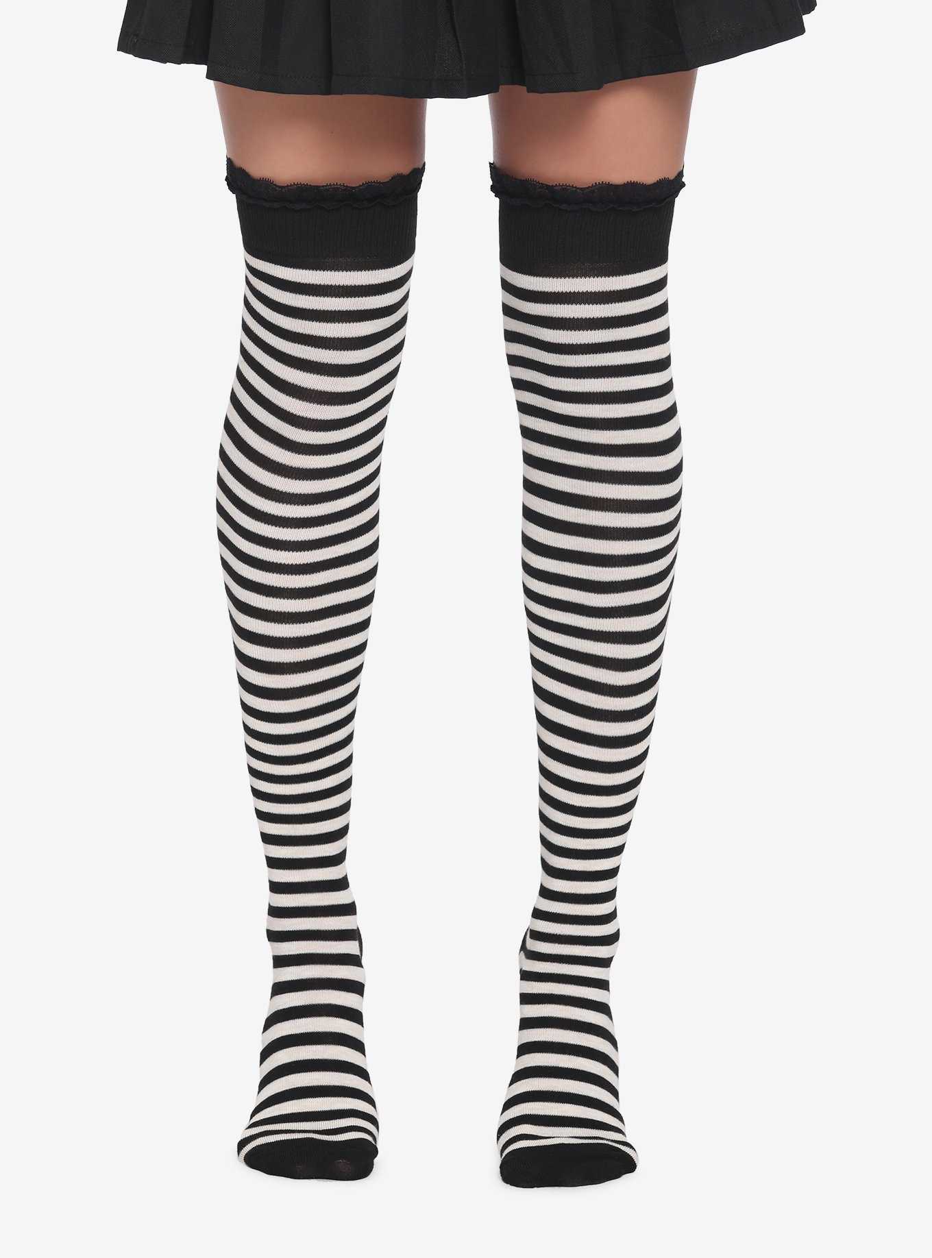 Extra Long Womens Opaque Striped Over Knee High Stockings-Limestone Grey &  White