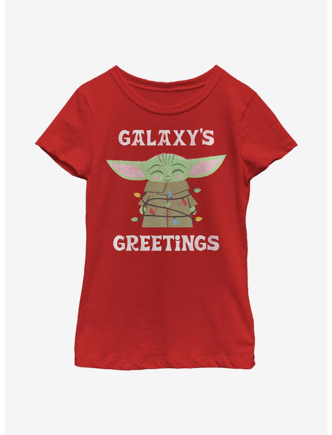 Star Wars The Mandalorian The Child Galaxy's Christmas Lights Youth Girls T-Shirt, RED, hi-res