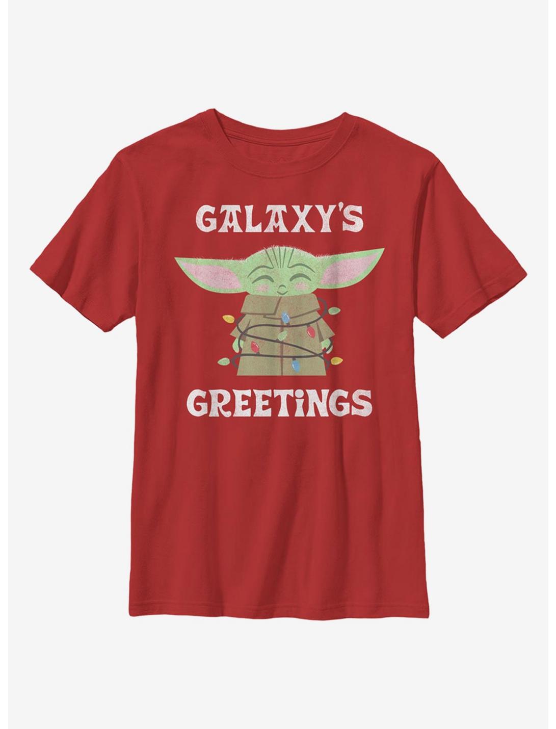 Star Wars The Mandalorian The Child Galaxy's Christmas Lights Youth T-Shirt, RED, hi-res