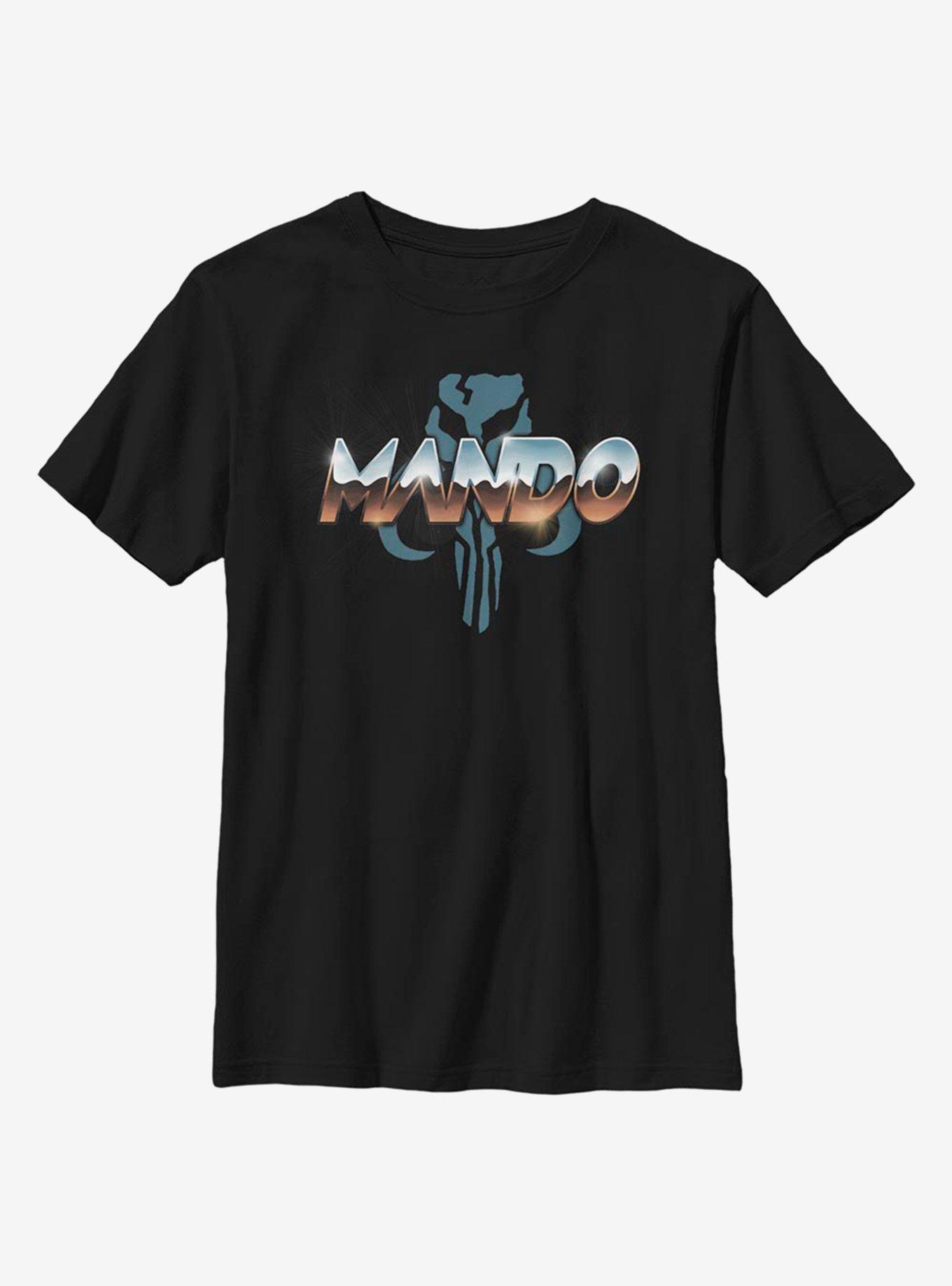 Star Wars The Mandalorian Mando Chrome Large Letters Youth T-Shirt, BLACK, hi-res