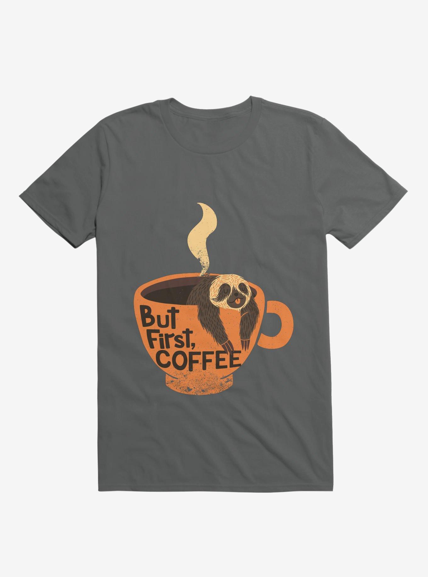 But First, Coffee Sloth T-Shirt, CHARCOAL, hi-res