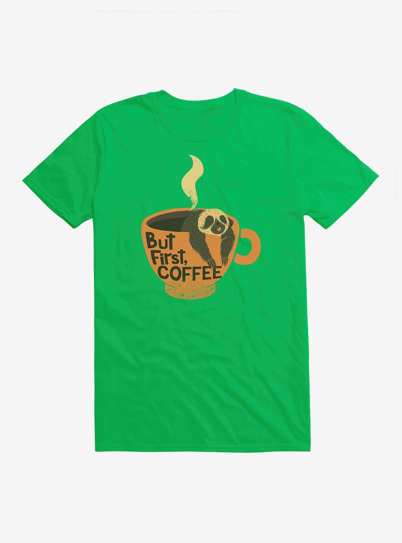 But First, Coffee Sloth T-Shirt, KELLY GREEN, hi-res