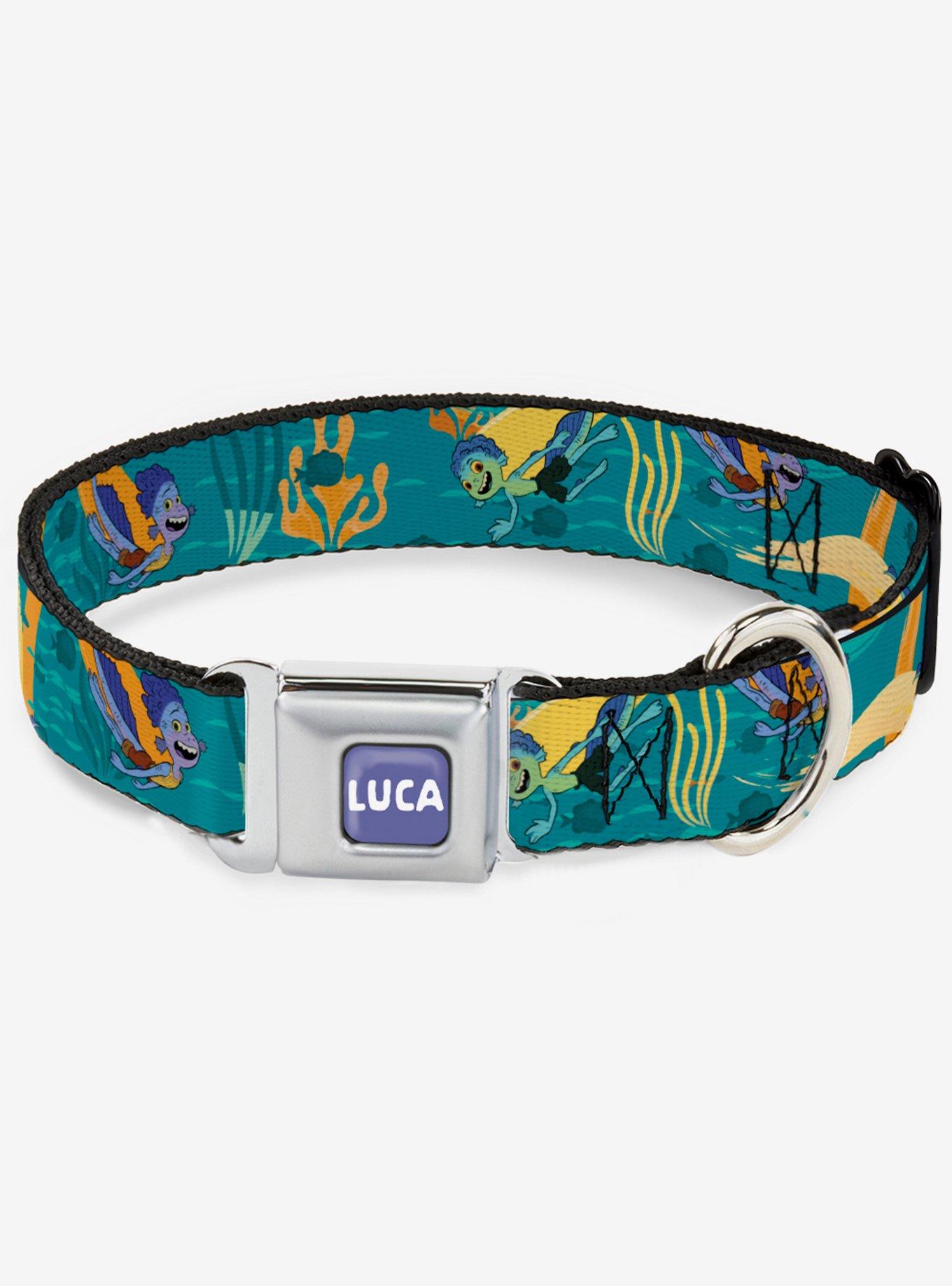 Luca and Alberto Sea Monsters Swimming Seatbelt Dog Collar, BLACK, hi-res