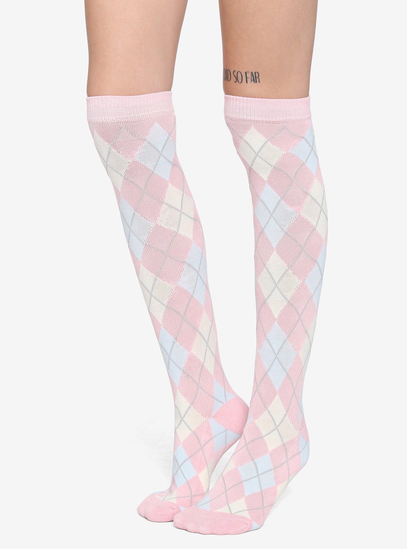 Pink Argyle Knee-High Socks, , hi-res