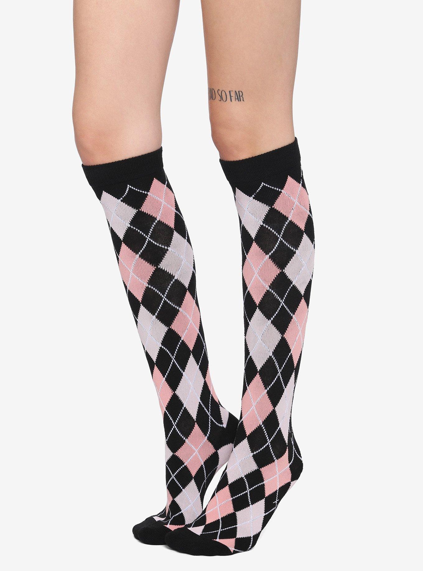 Black & Pink Argyle Knee-High Socks, , hi-res