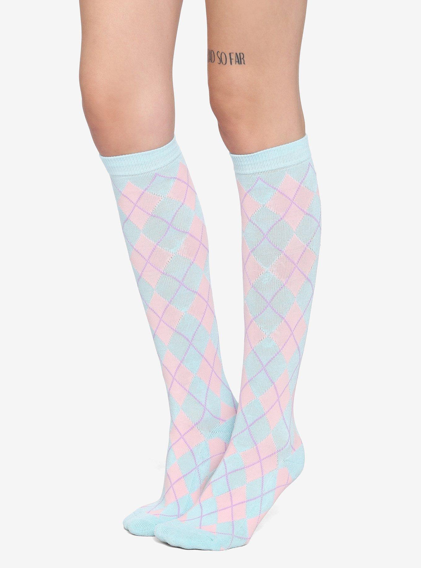 Pastel Blue Argyle Knee-High Socks, , hi-res