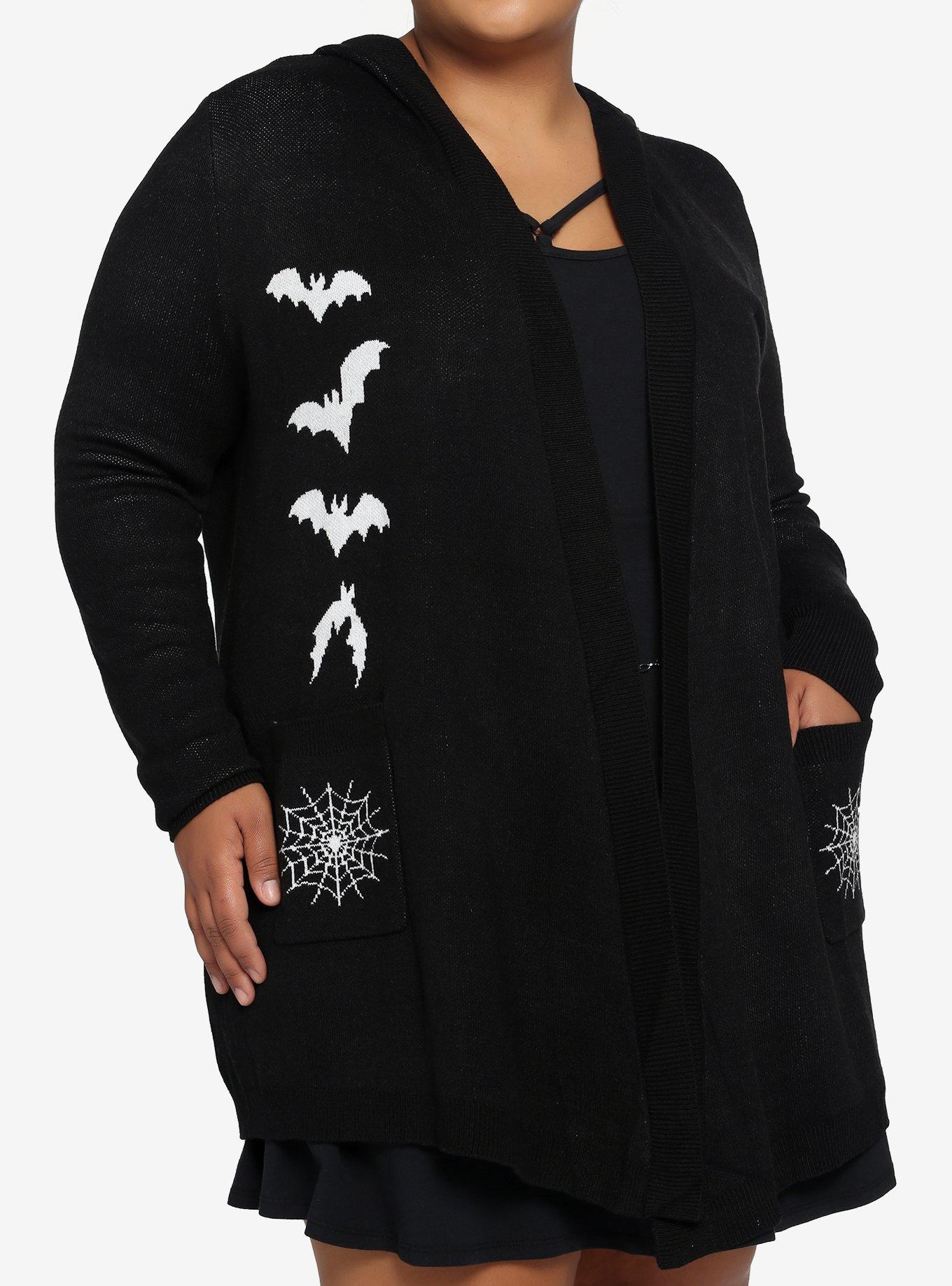 Spiderweb Bats Hooded Girls Flyaway Cardigan Plus Size, BLACK, hi-res