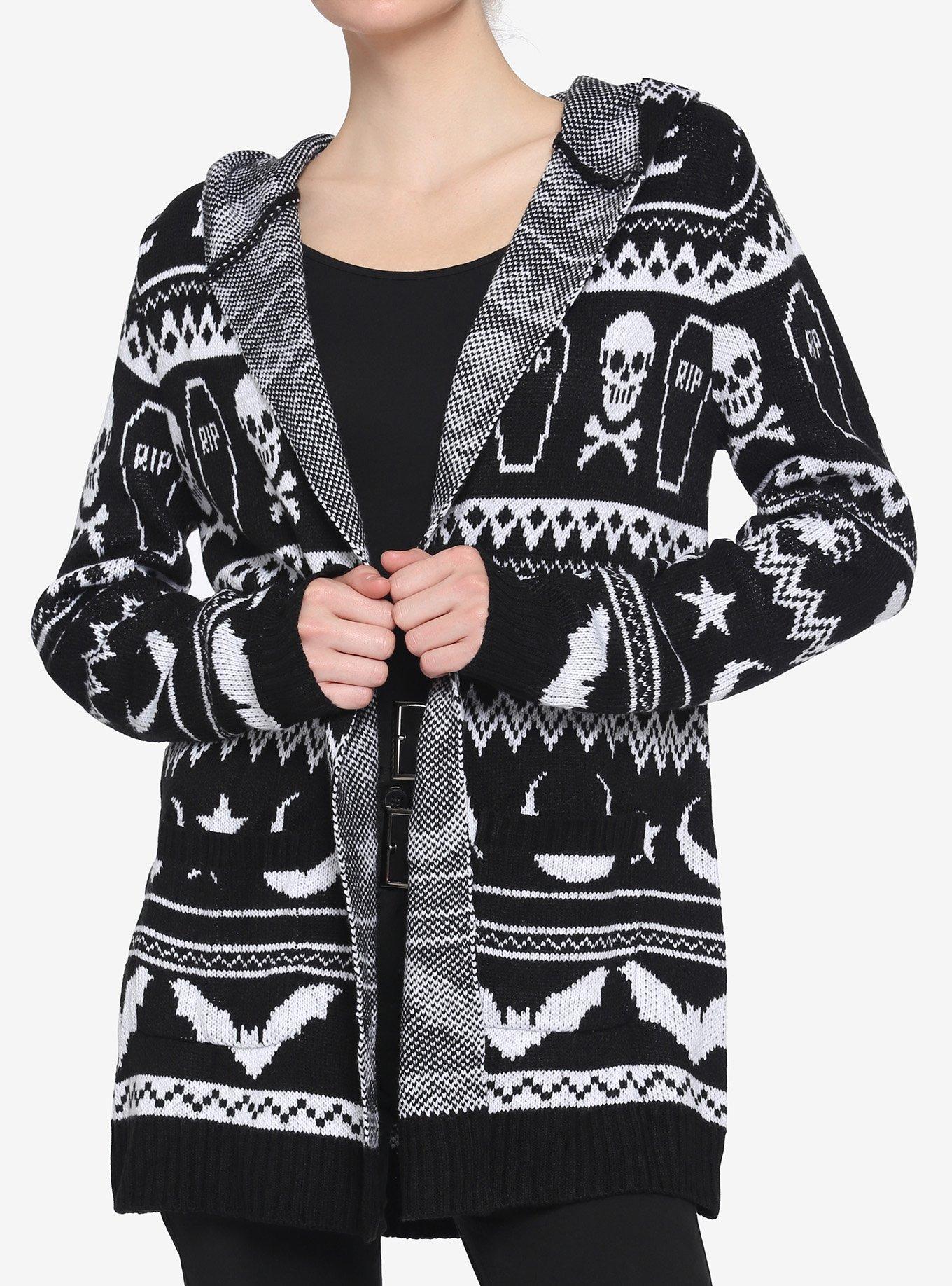 Black & White Dead Inside Creepy Icons Fair Isle Girls Cardigan, MULTI, hi-res