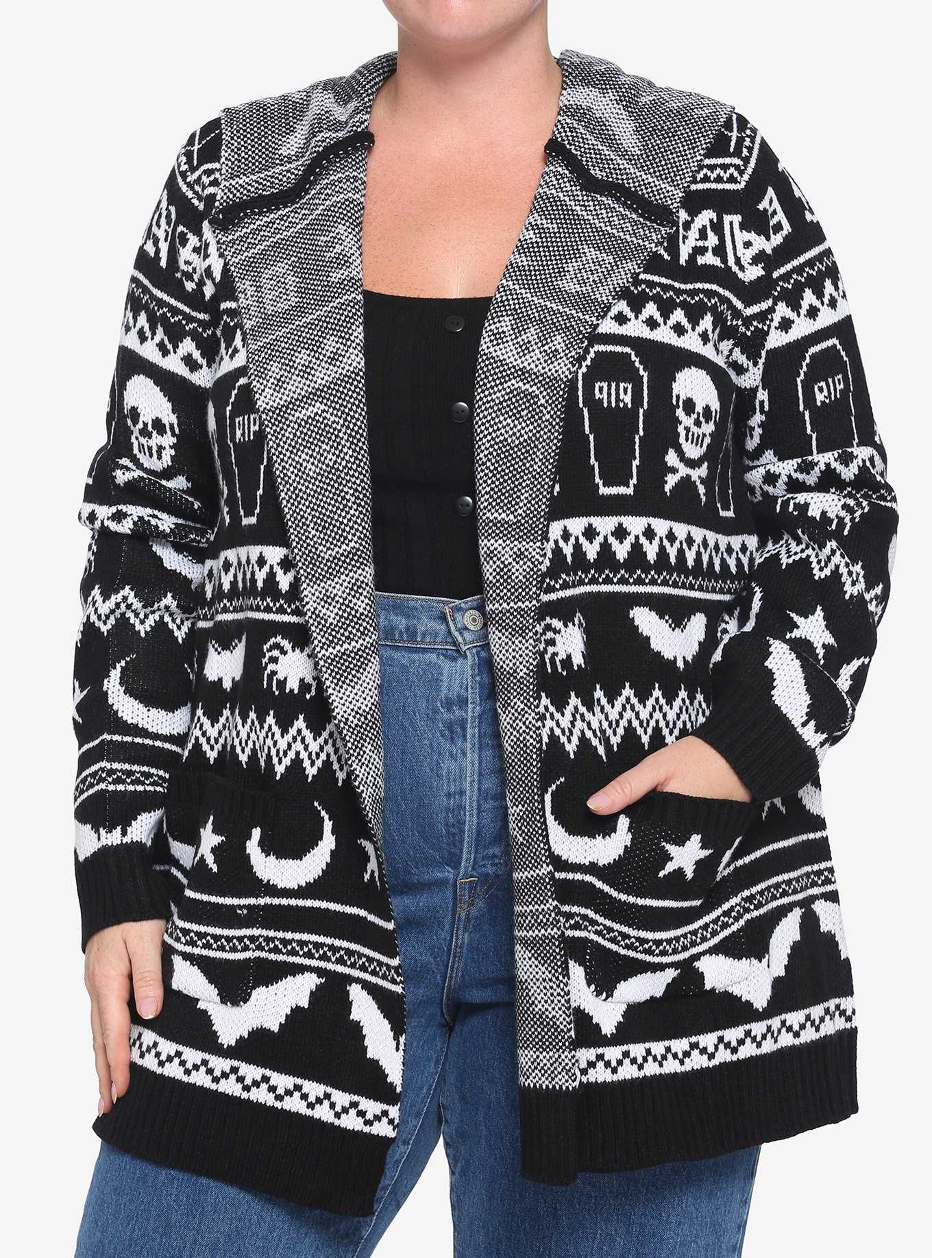 Black & White Dead Inside Creepy Icons Fair Isle Girls Cardigan Plus Size, , hi-res