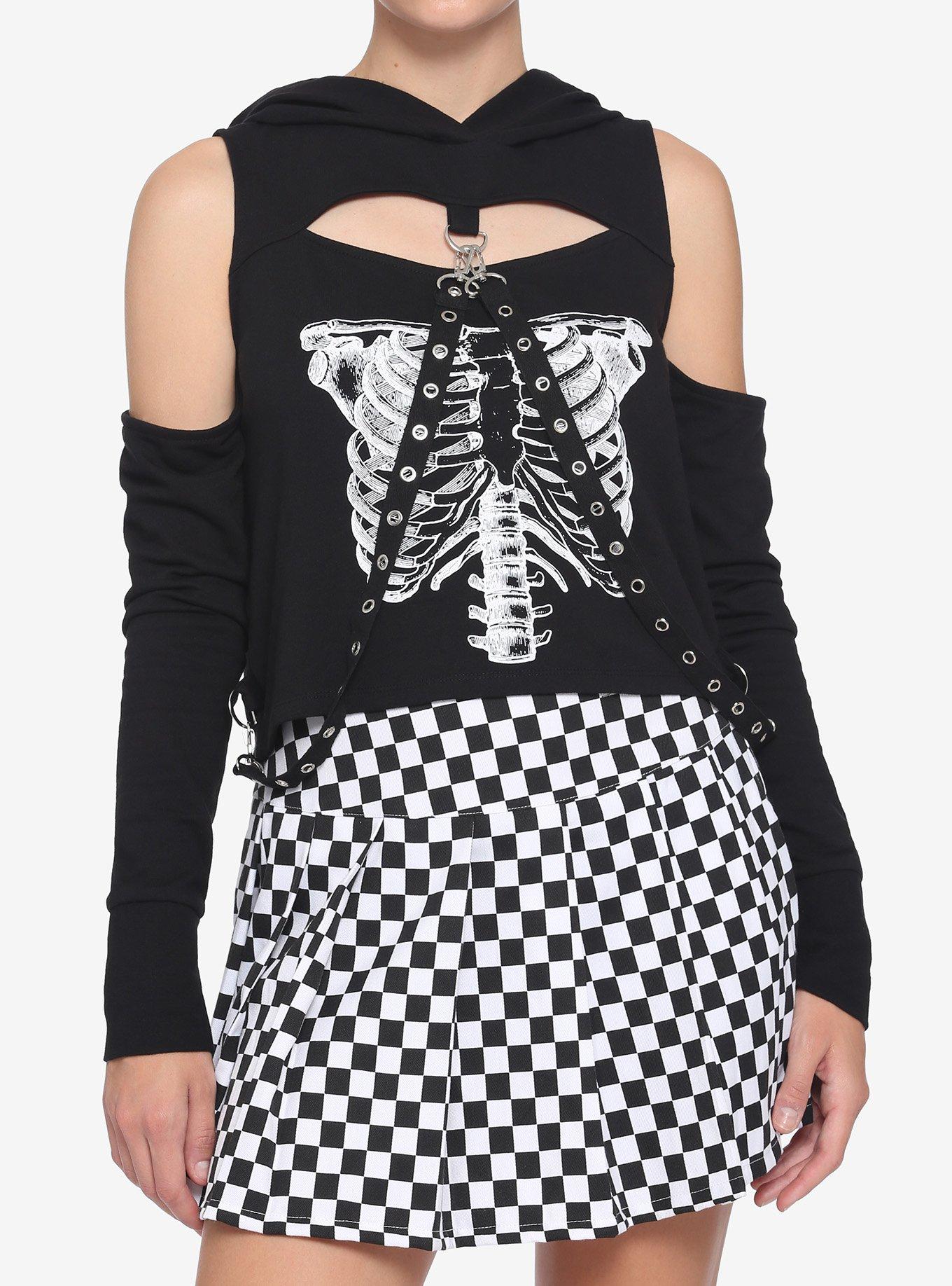 Skeleton Rib Cage Cutout Grommet Strap Girls Crop Hoodie, BLACK, hi-res