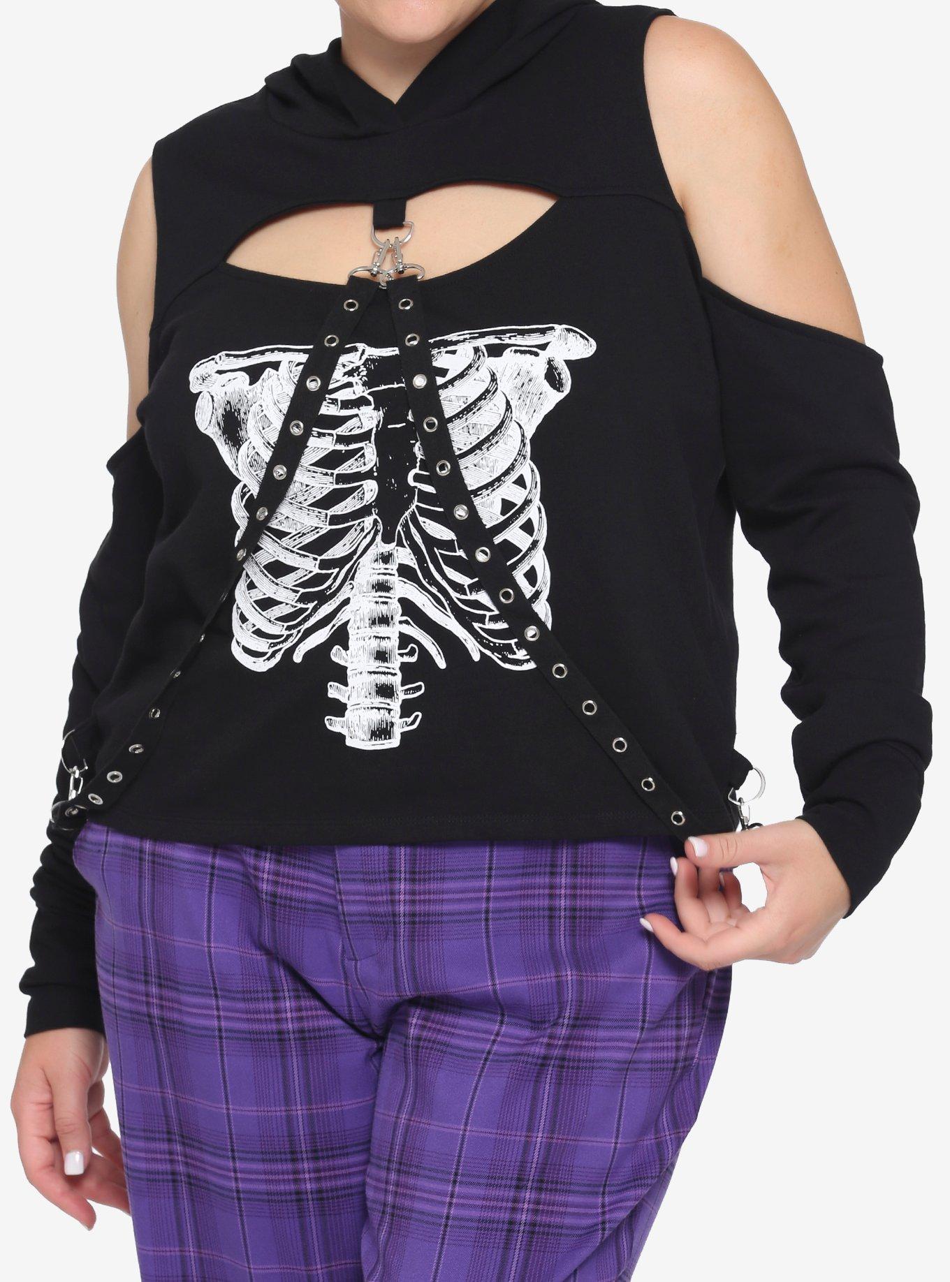 Skeleton Rib Cage Cutout Grommet Strap Girls Crop Hoodie Plus Size, BLACK, hi-res