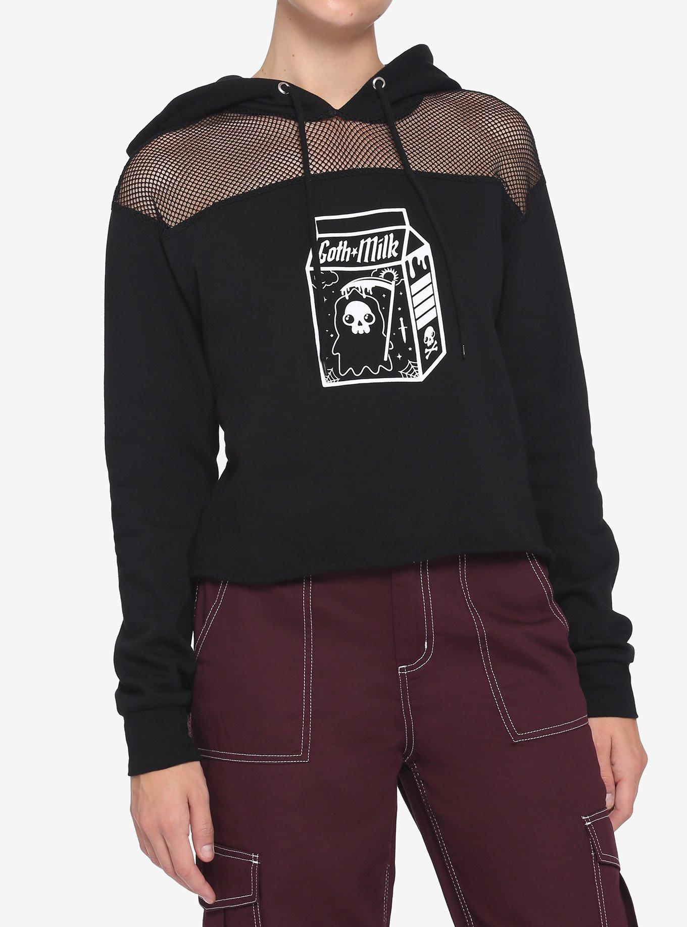 Goth Milk Mesh Girls Crop Hoodie, BLACK, hi-res