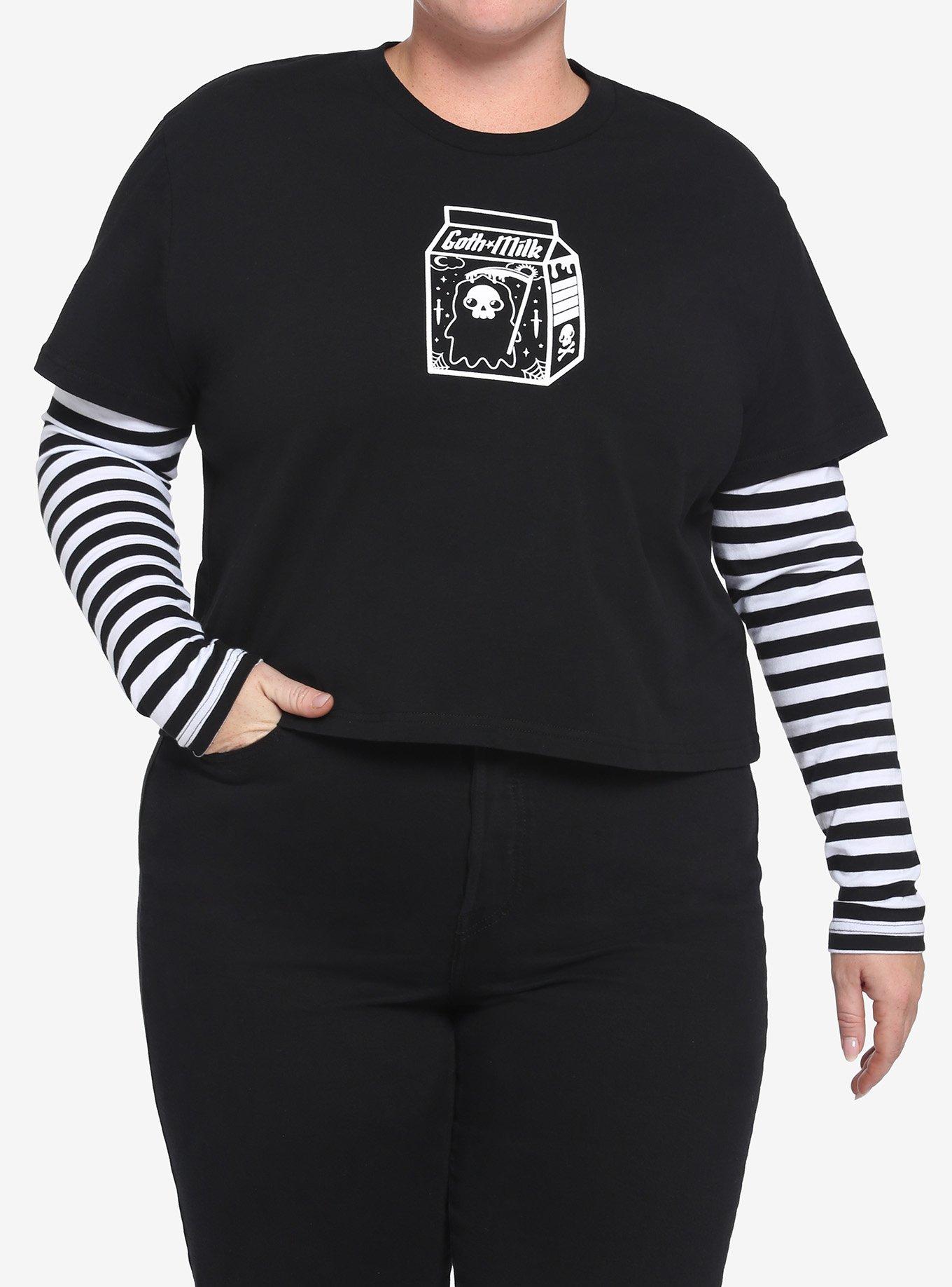 Goth Milk Black & White Girls Twofer Crop Long-Sleeve T-Shirt Plus Size, BLACK, hi-res