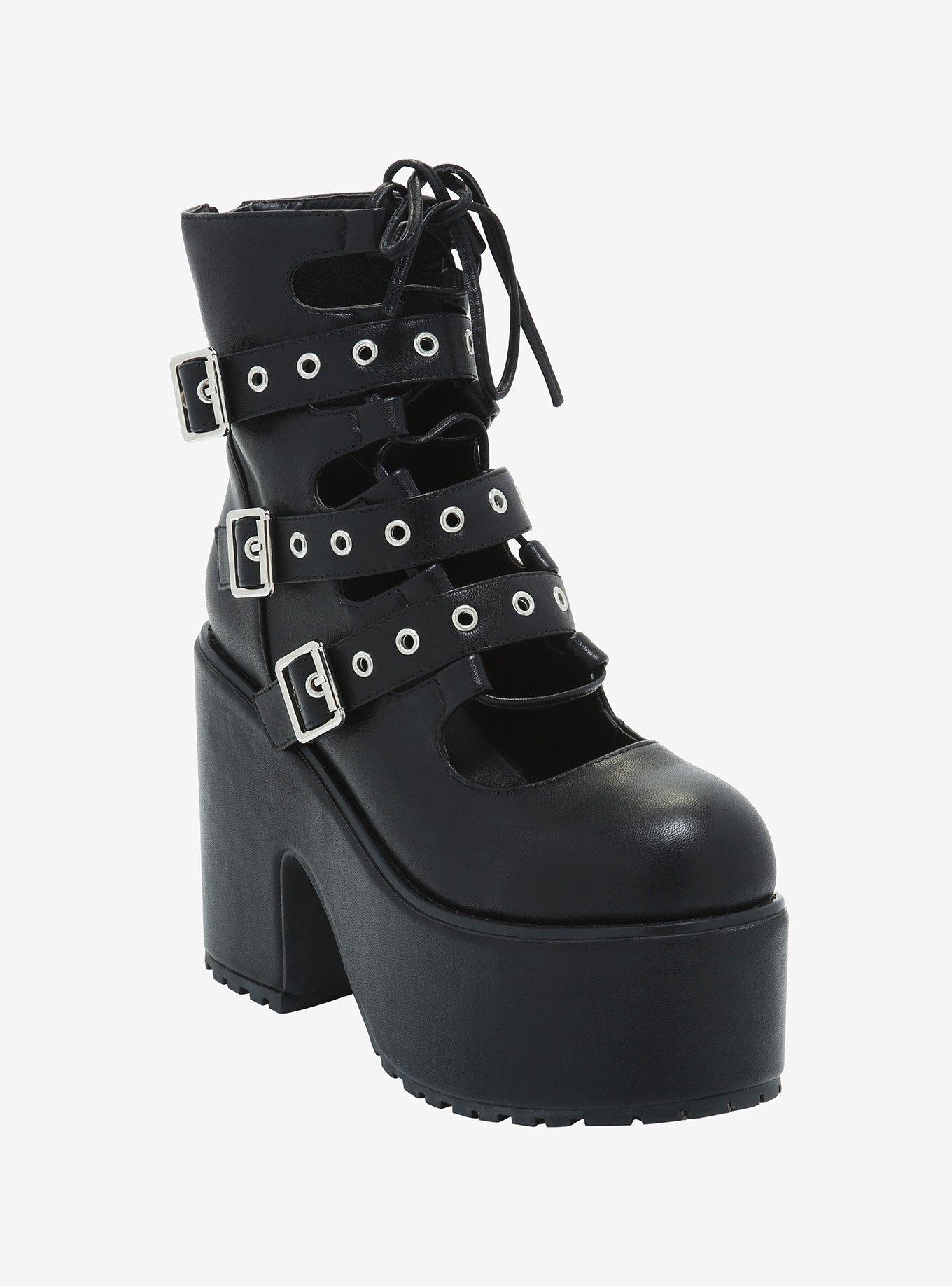 Black Triple Buckle Lace-Up Platform Boots, MULTI, hi-res