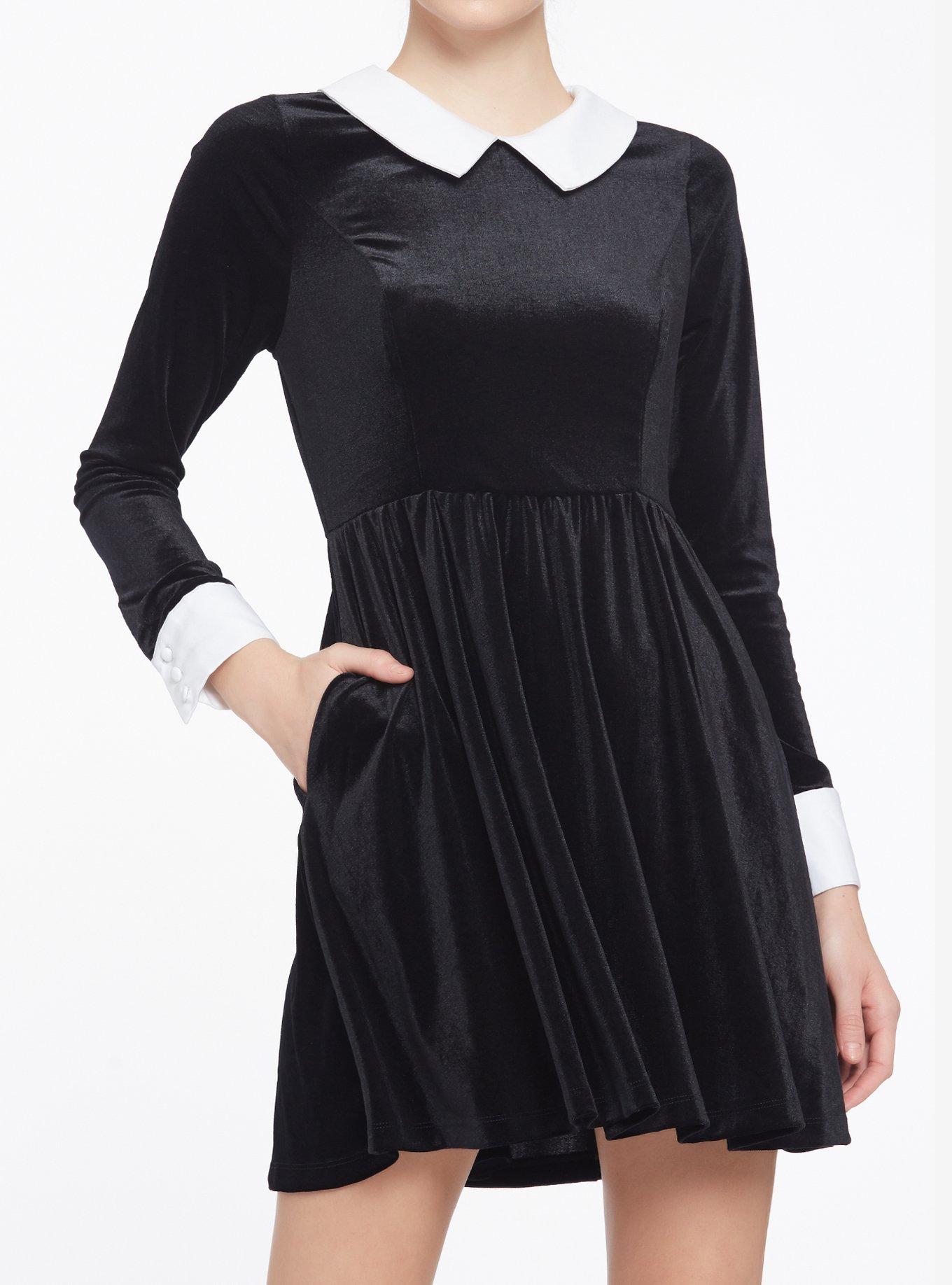 Black Velvet Cuffs & Collar Long-Sleeve Dress, BLACK, hi-res