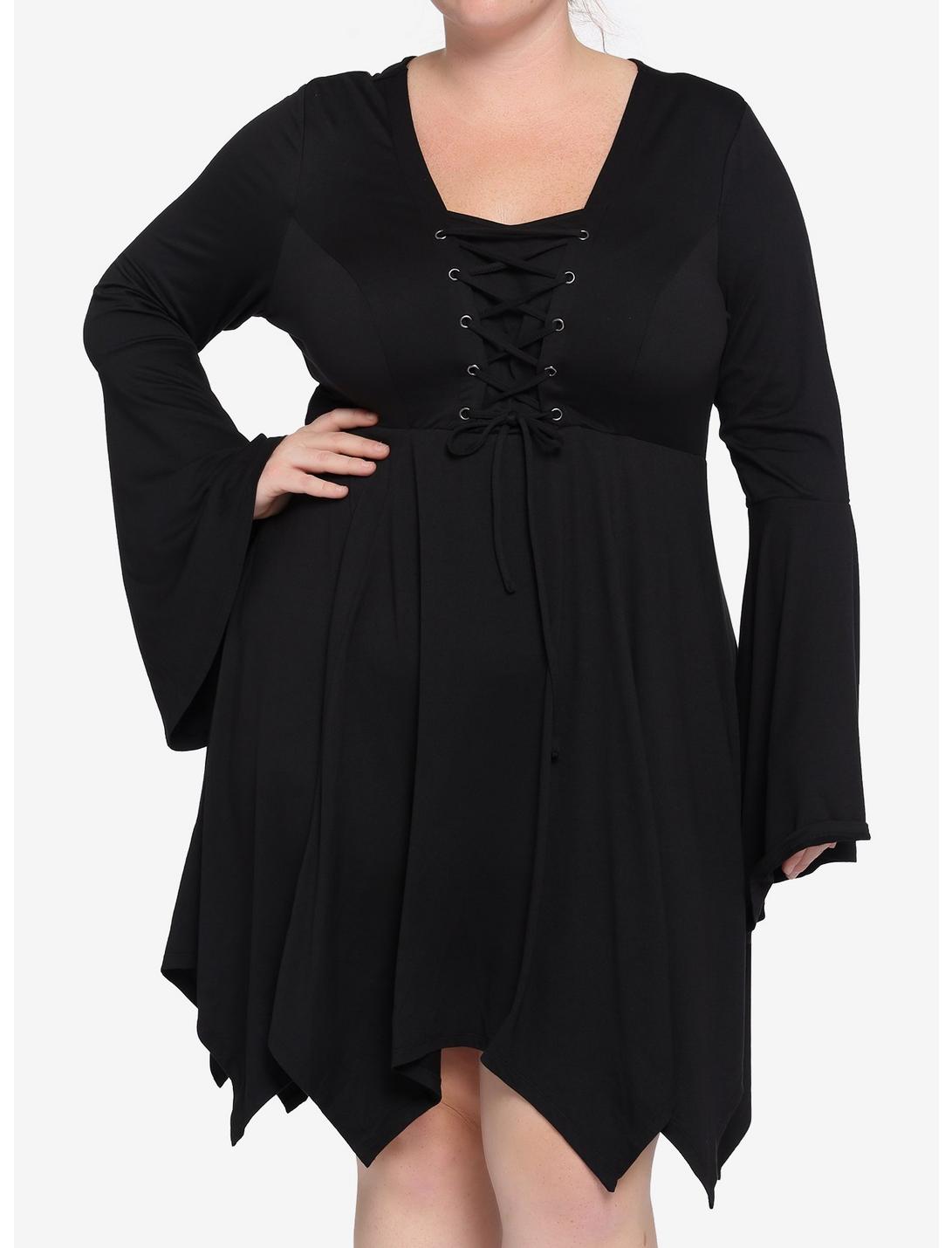 Black Lace-Up Hanky Hem Dress Plus Size, BLACK, hi-res