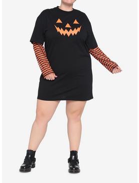 Orange & Black Stripe Pumpkin Twofer T-Shirt Dress Plus Size, , hi-res