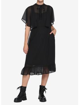 Black Sheer Capelet Midi Dress, , hi-res