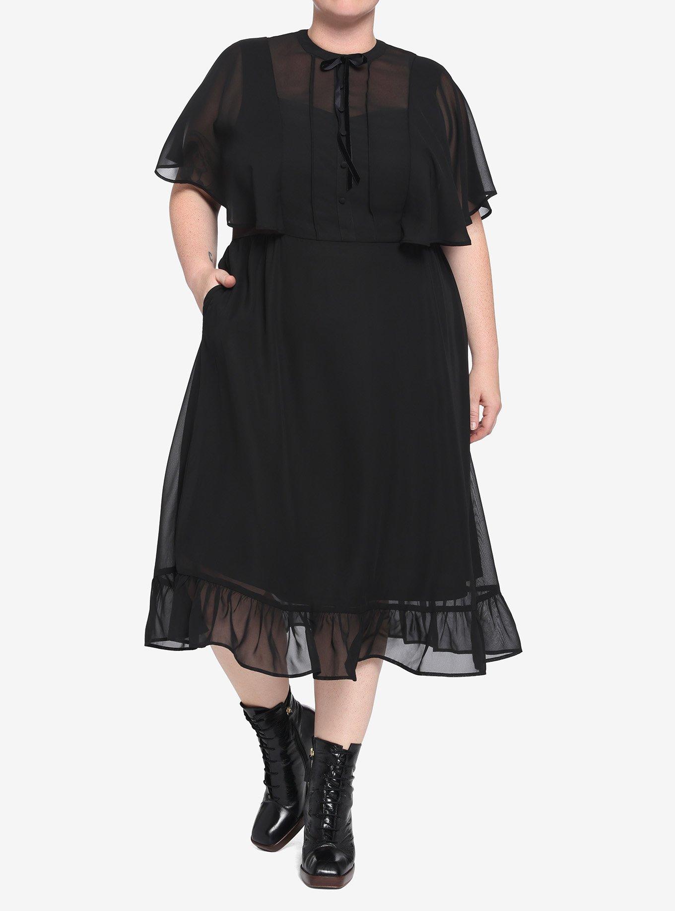 Black Sheer Capelet Midi Dress Plus Size, BLACK, hi-res