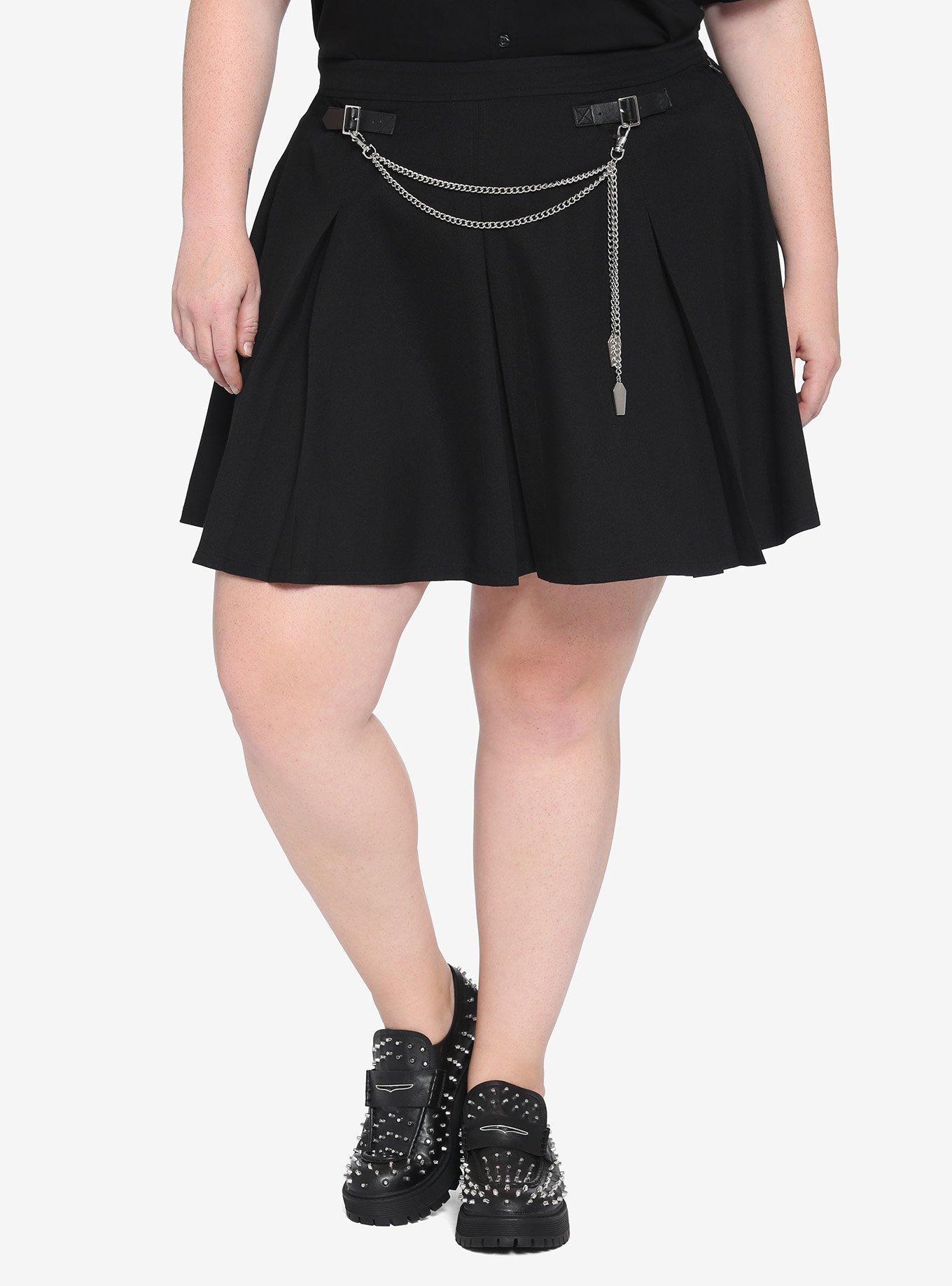 Black Coffin Chain Pleated Skirt Plus Size, BLACK, hi-res