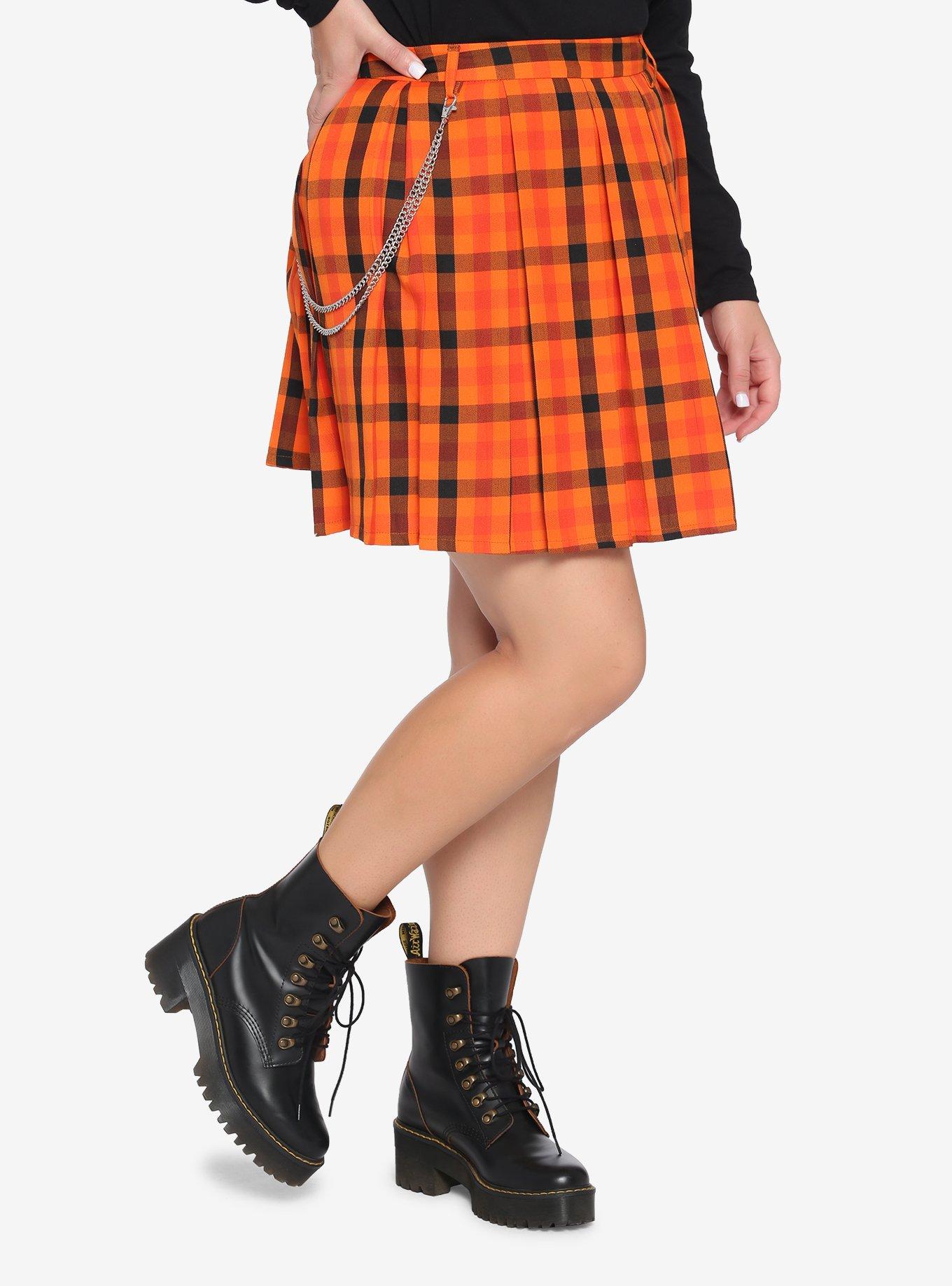 Covered Band Pleated Skirt-Brown/Orange Plaid
