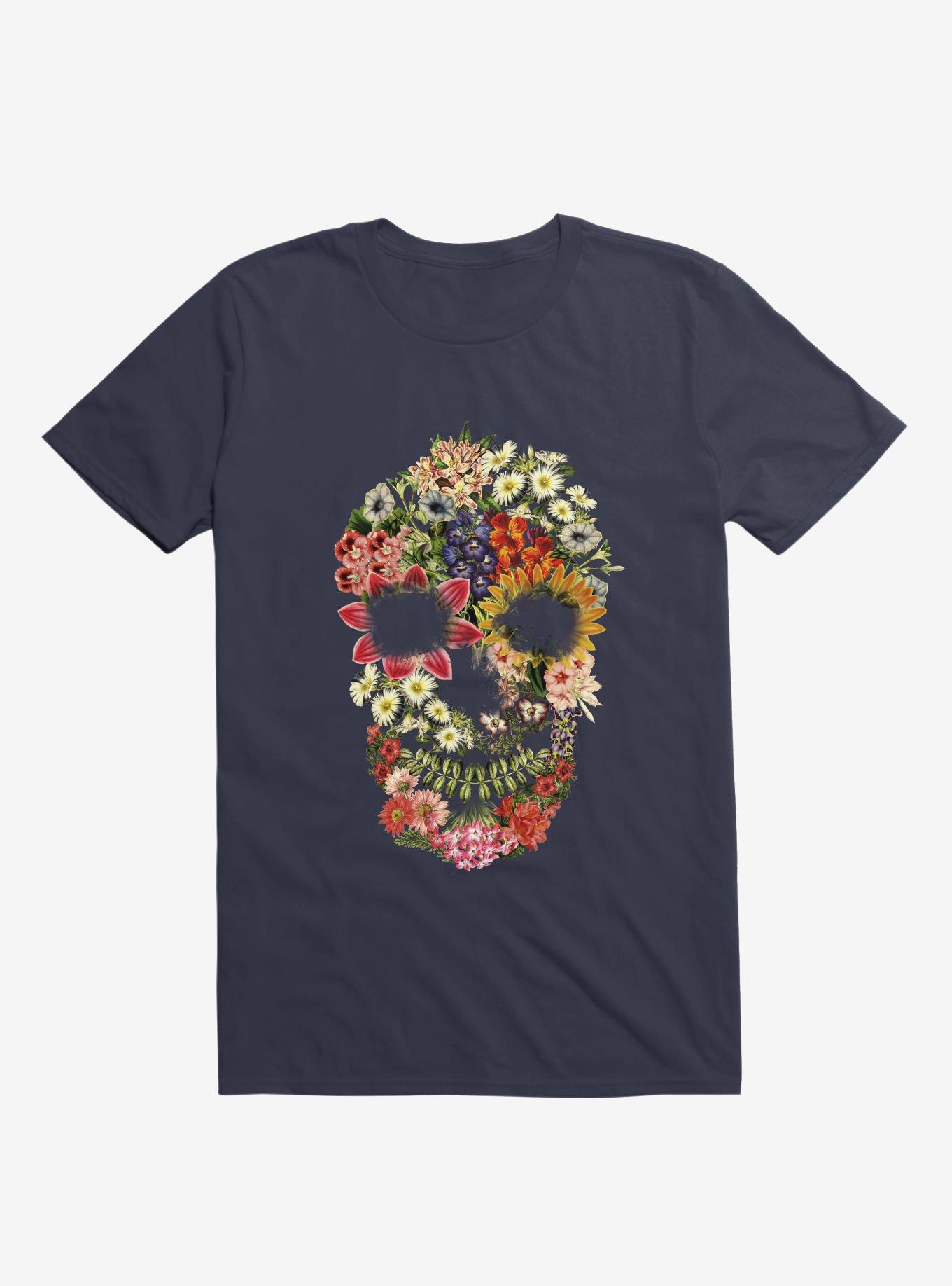 Floral Skull Vintage Black T-Shirt, NAVY, hi-res