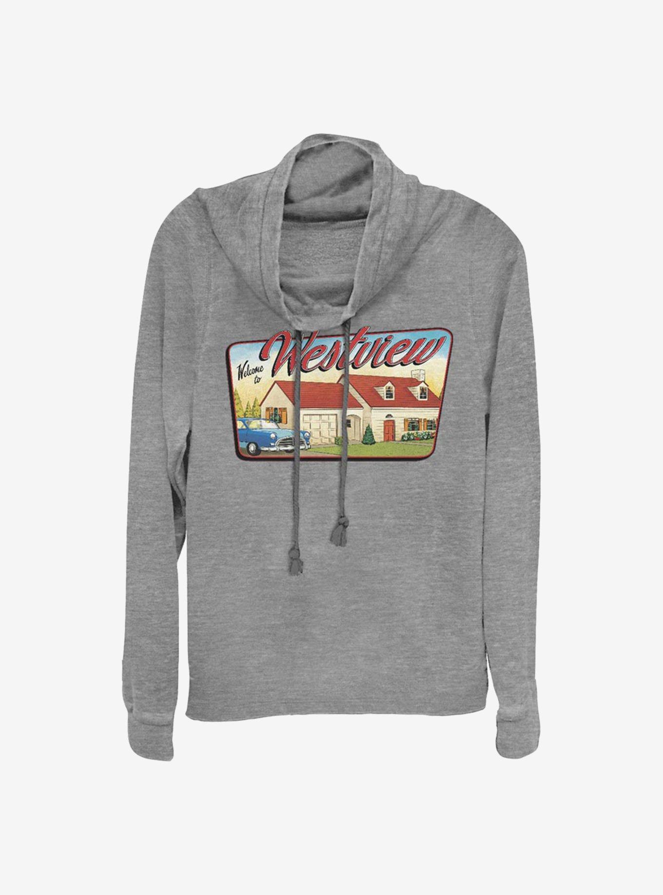 Marvel WandaVision Westview Welcome Cowlneck Long-Sleeve Girls Top, GRAY HTR, hi-res