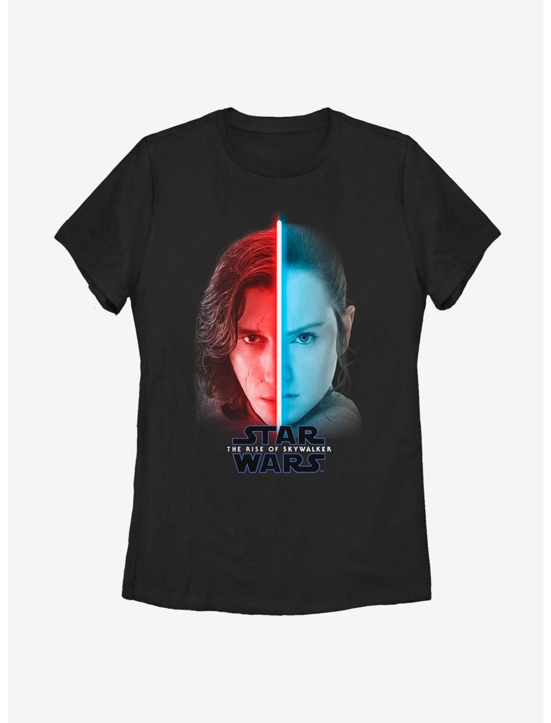 Star Wars: The Rise Of Skywalker Split Face Rey And Kylo Womens T-Shirt, BLACK, hi-res