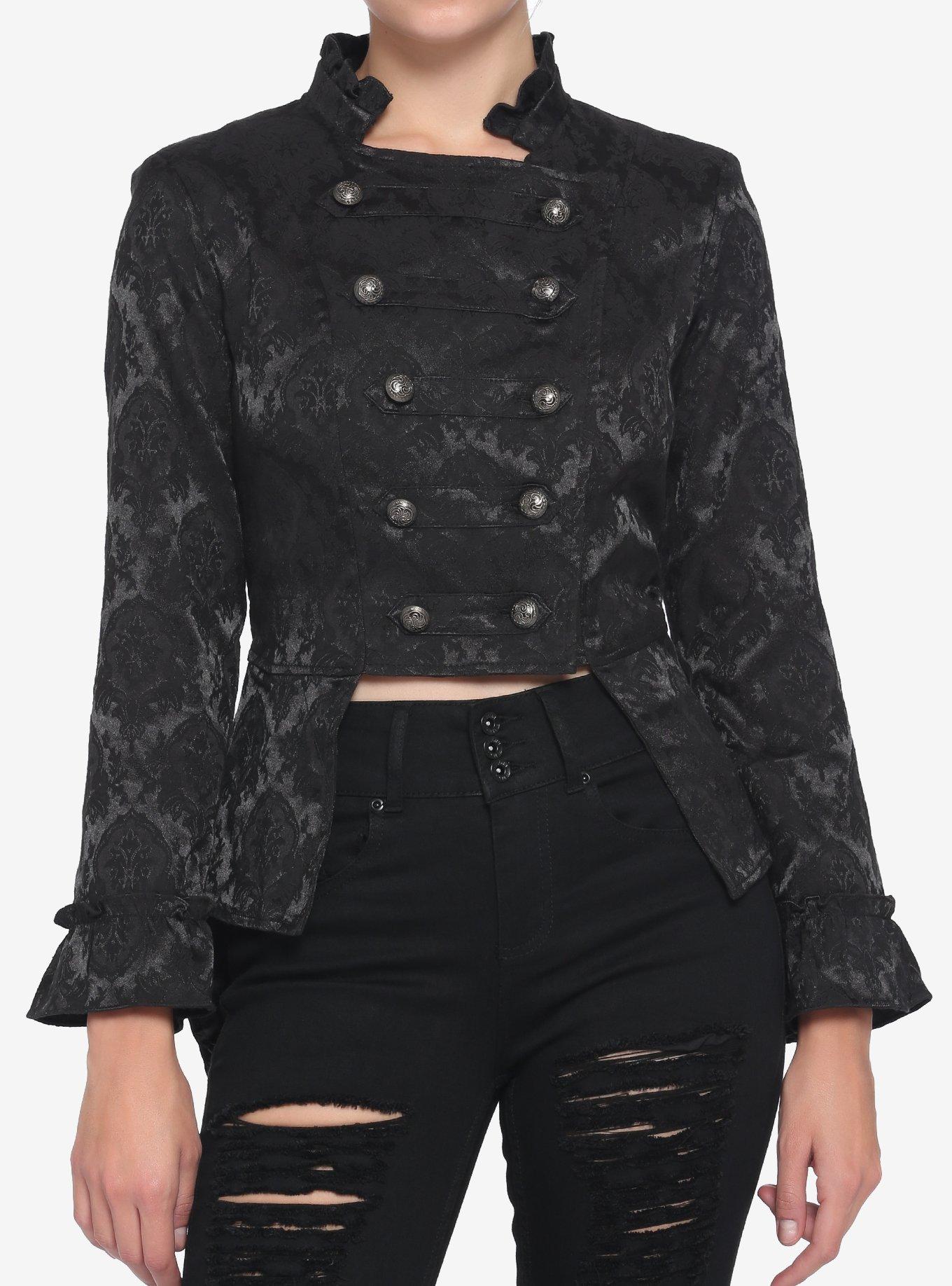 Black Brocade Military Jacket, BLACK, hi-res