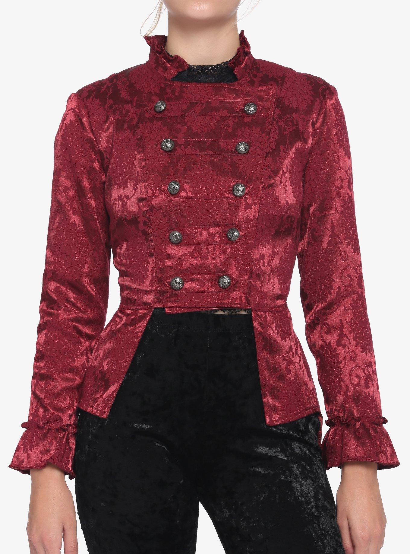 Burgundy Brocade Military Jacket, RED, hi-res