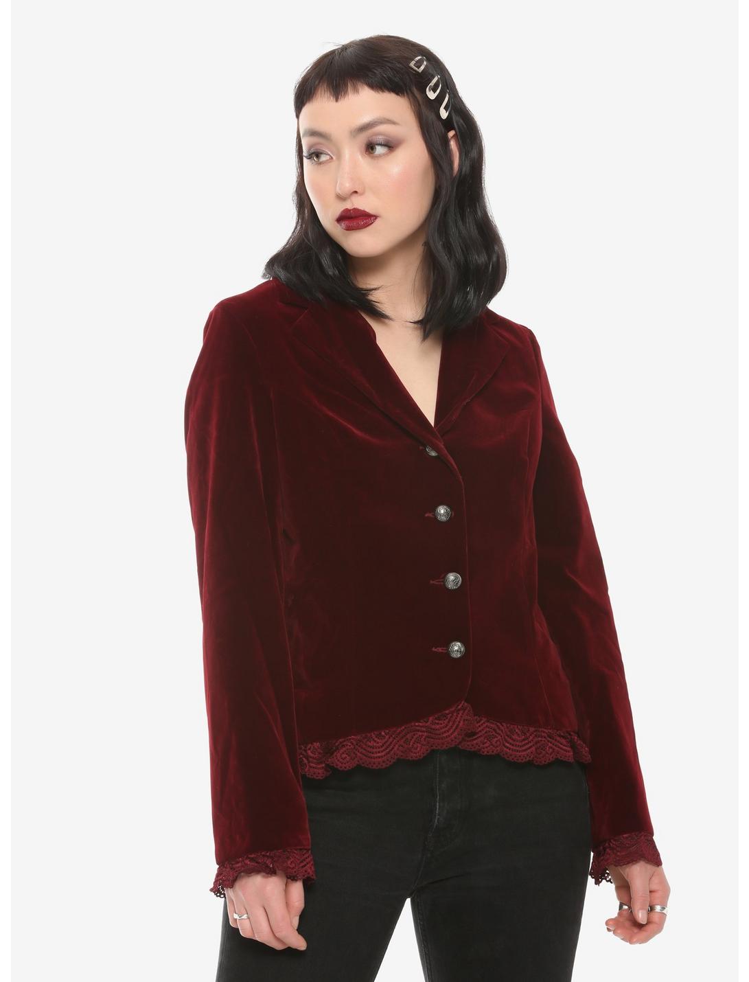 Burgundy Velvet Laced Button-Up Jacket, RED, hi-res