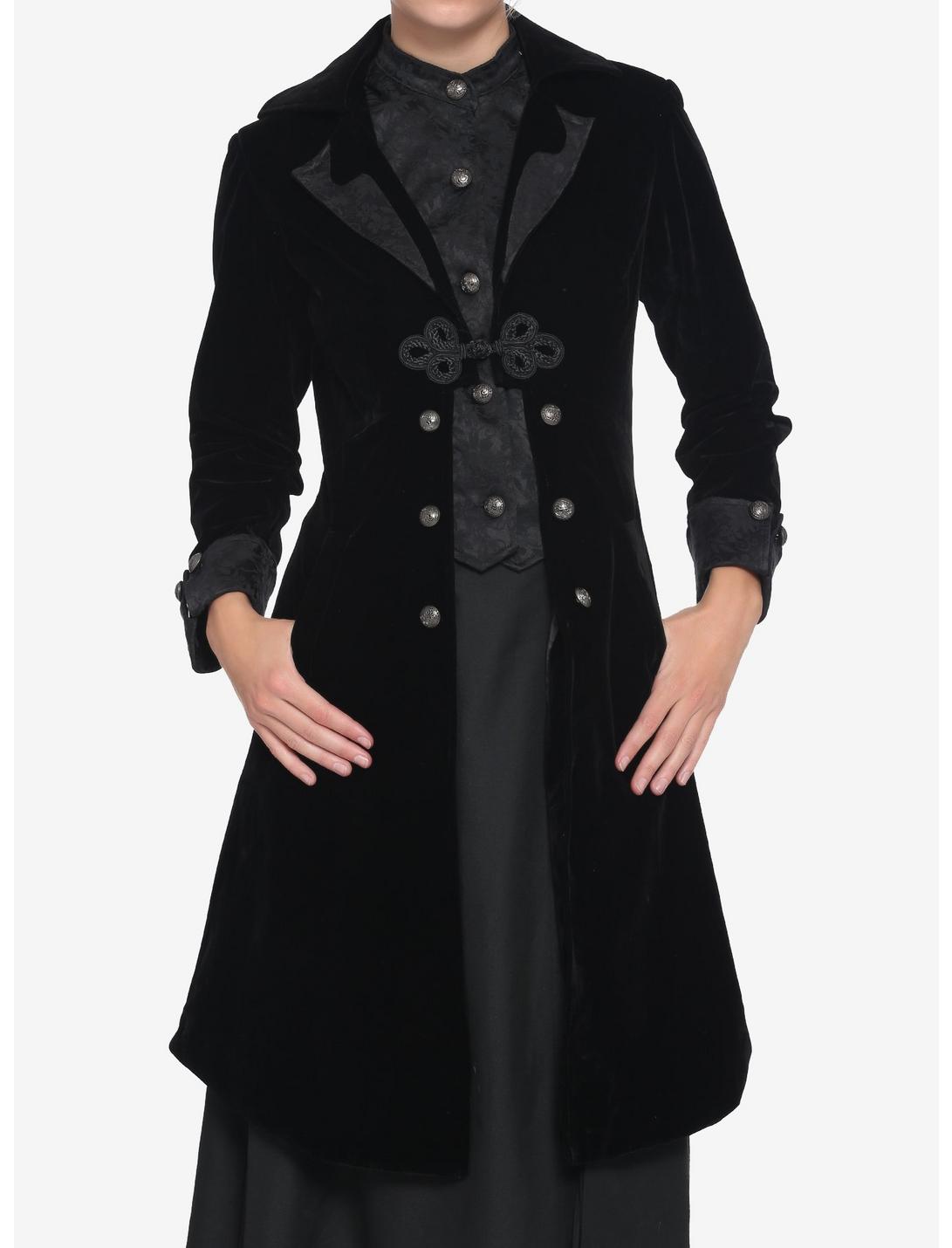 Velvet Brocade Trim Coat, BLACK, hi-res