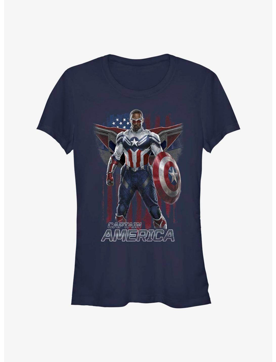 Marvel The Falcon And The Winter Soldier Sam Captain America Pose Girls T-Shirt, NAVY, hi-res