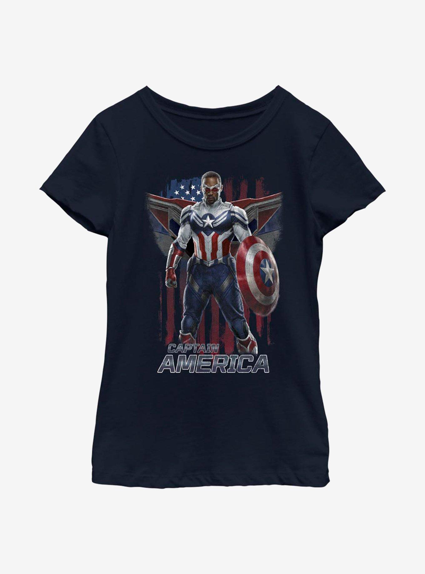 Marvel The Falcon And The Winter Soldier Captain America Costume Youth Girls T-Shirt, NAVY, hi-res
