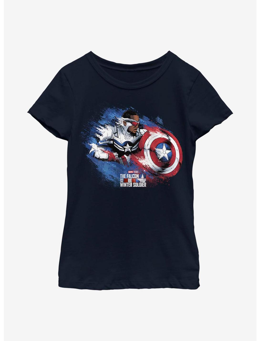 Marvel The Falcon And The Winter Soldier Captain America Sam Youth Girls T-Shirt, NAVY, hi-res