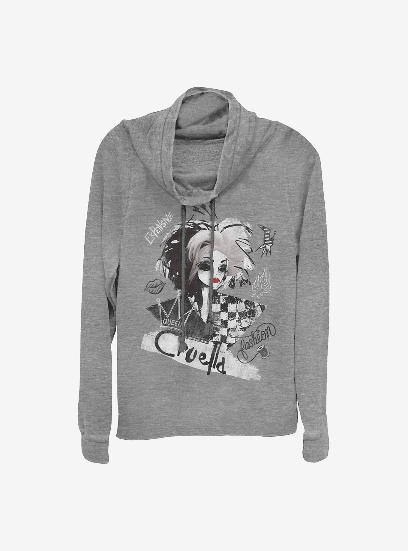 Disney Cruella Artsy Cruella Cowlneck Long-Sleeve Girls Top, GRAY HTR, hi-res