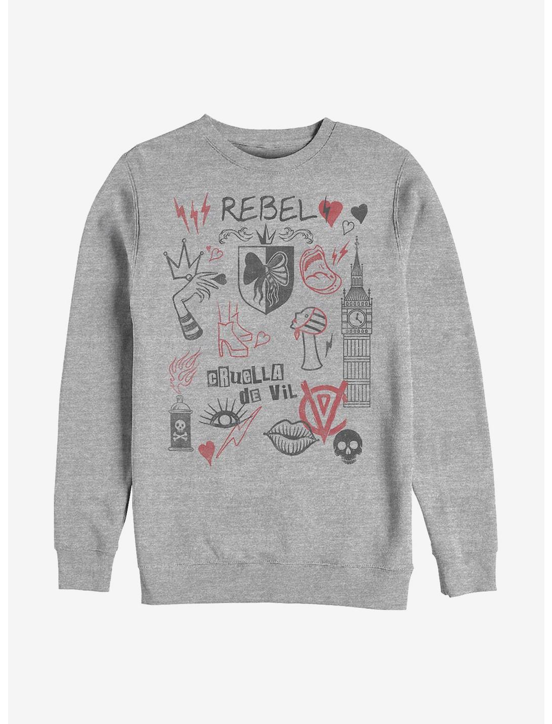 Disney Cruella Rebel Queen Doodles Crew Sweatshirt, ATH HTR, hi-res