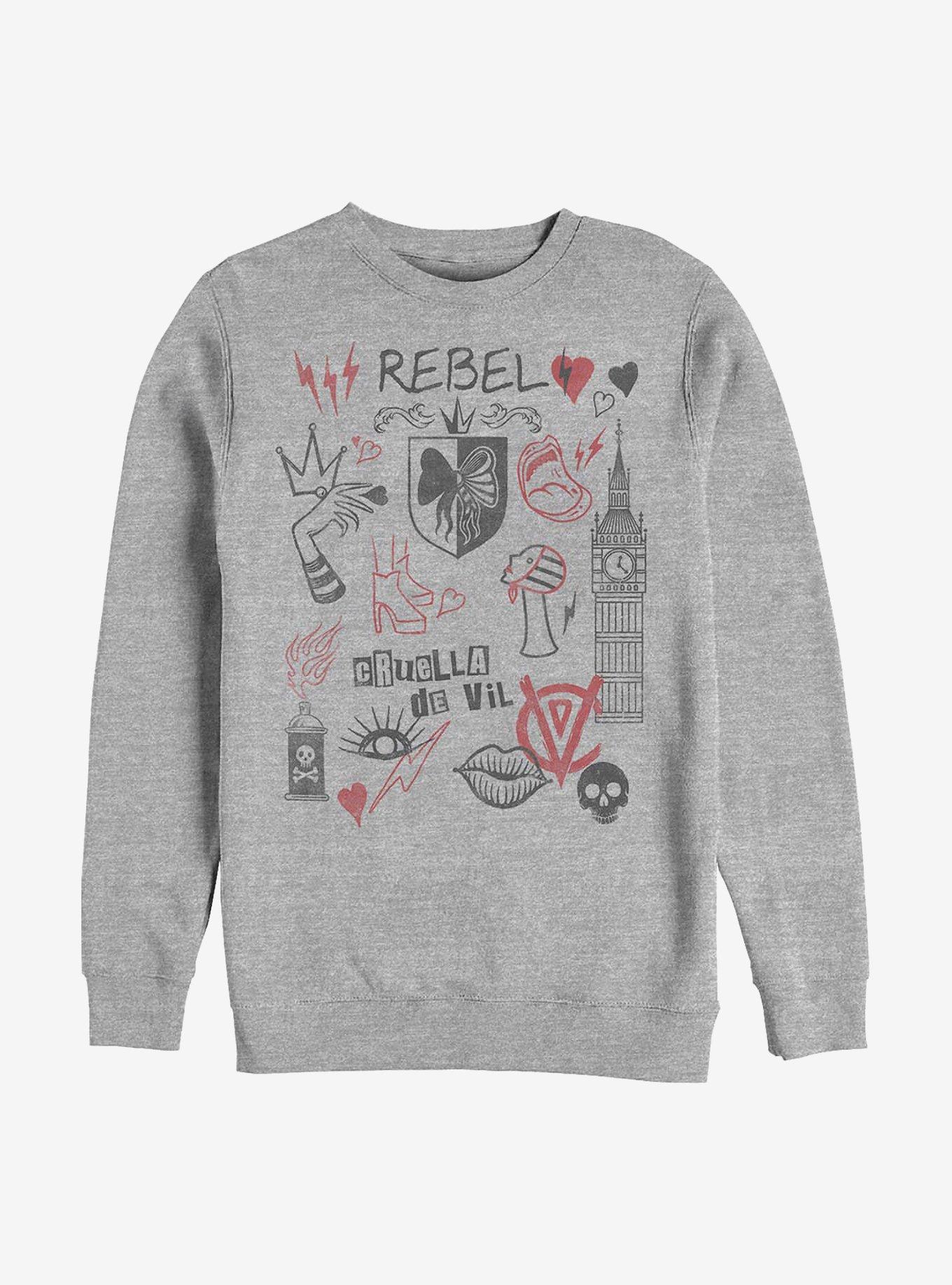 Disney Cruella Rebel Queen Doodles Crew Sweatshirt, ATH HTR, hi-res