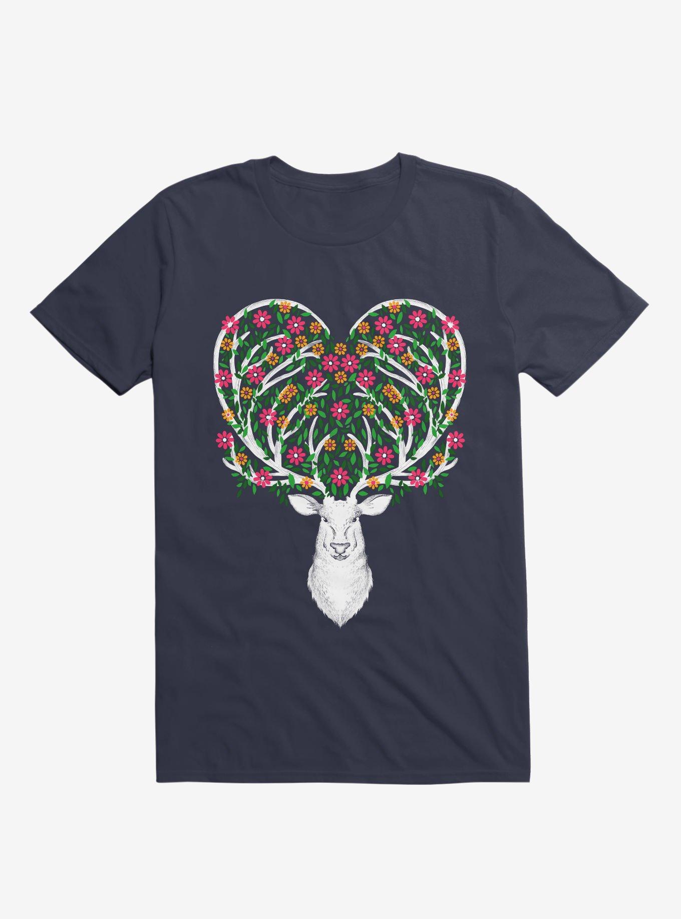 Blooming Deer II Navy Blue T-Shirt, NAVY, hi-res