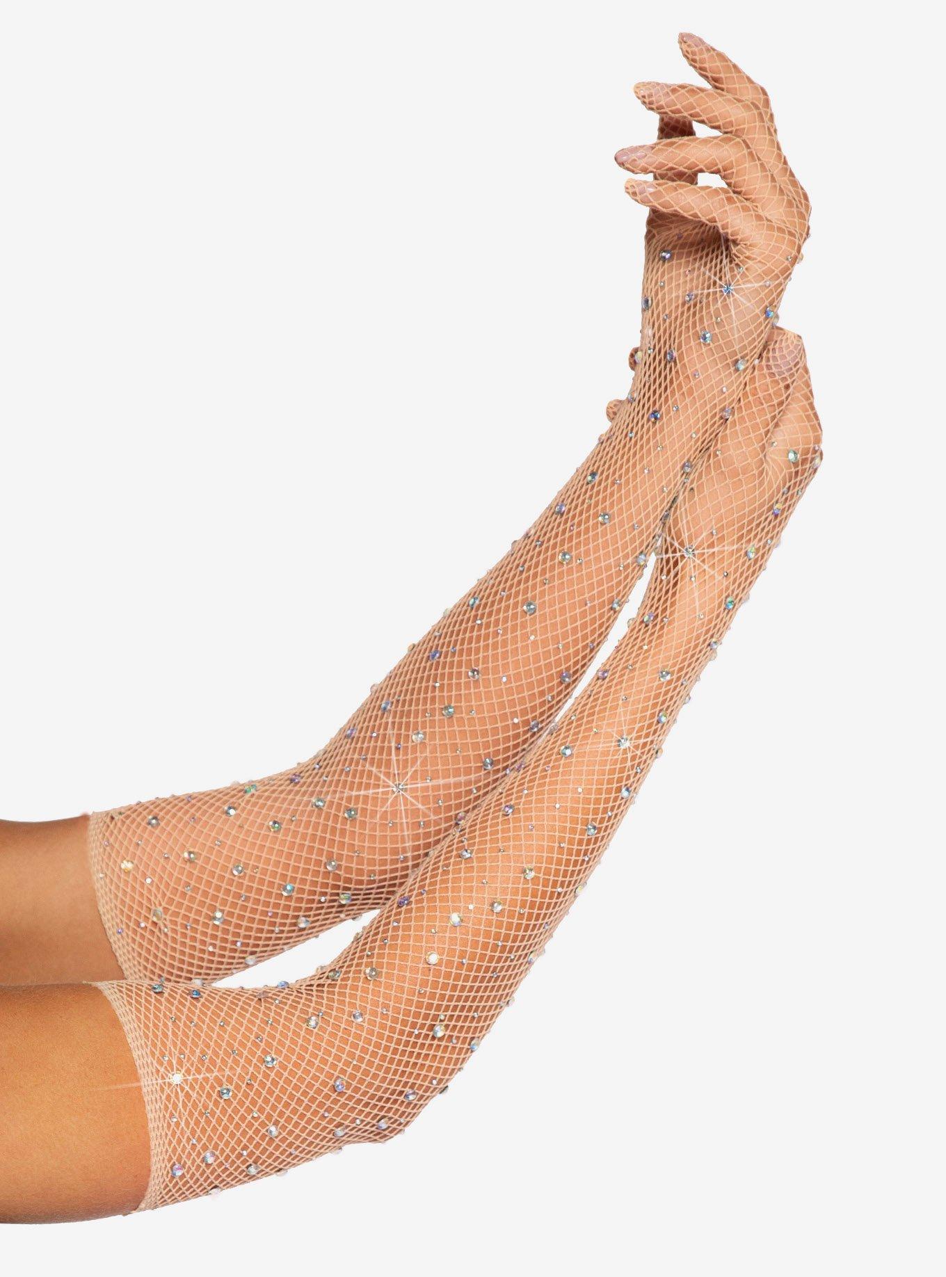 Nude Rhinestone Fishnet Long Gloves