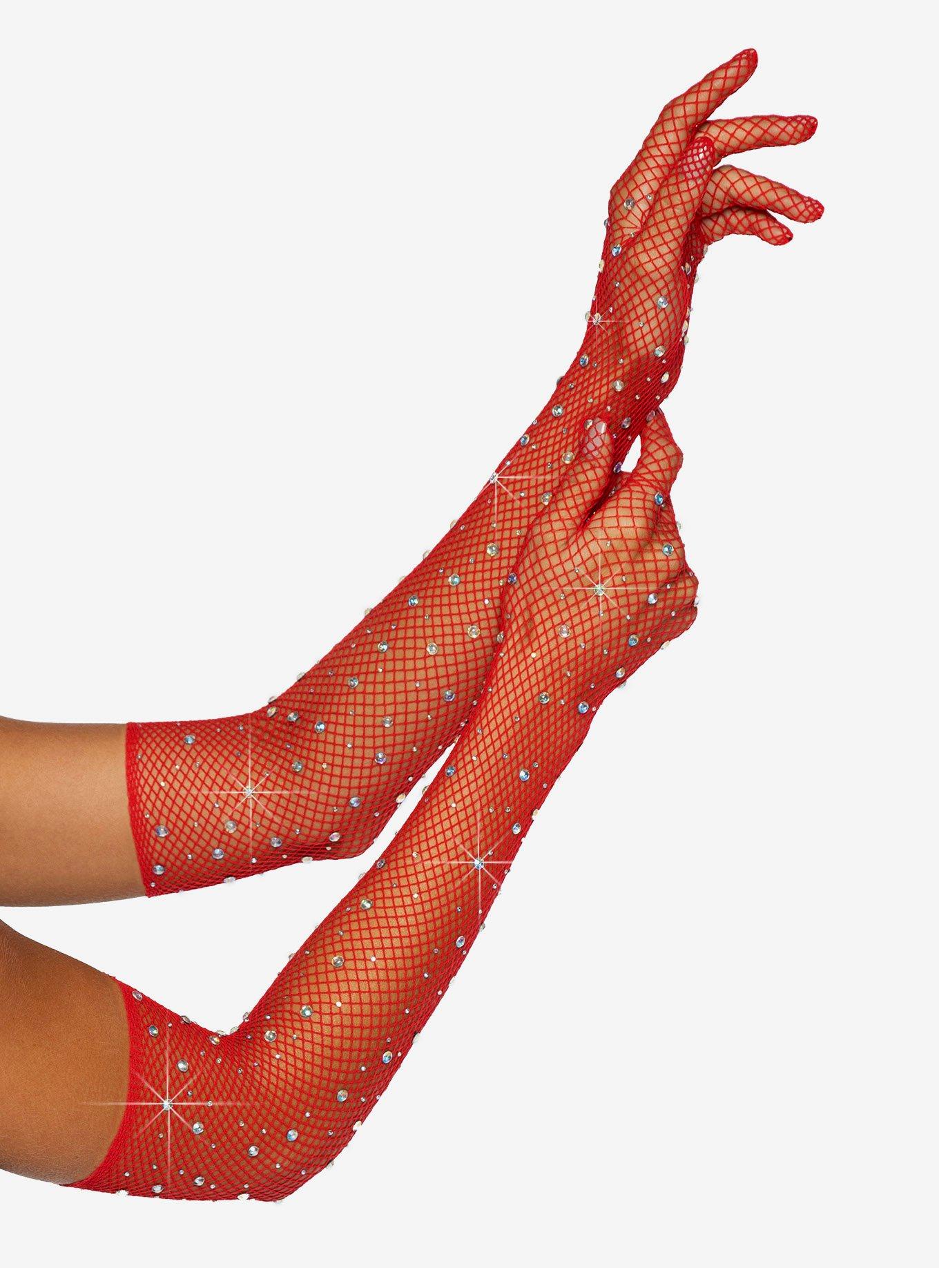 Rhinestone Fishnet Red Gloves, , hi-res